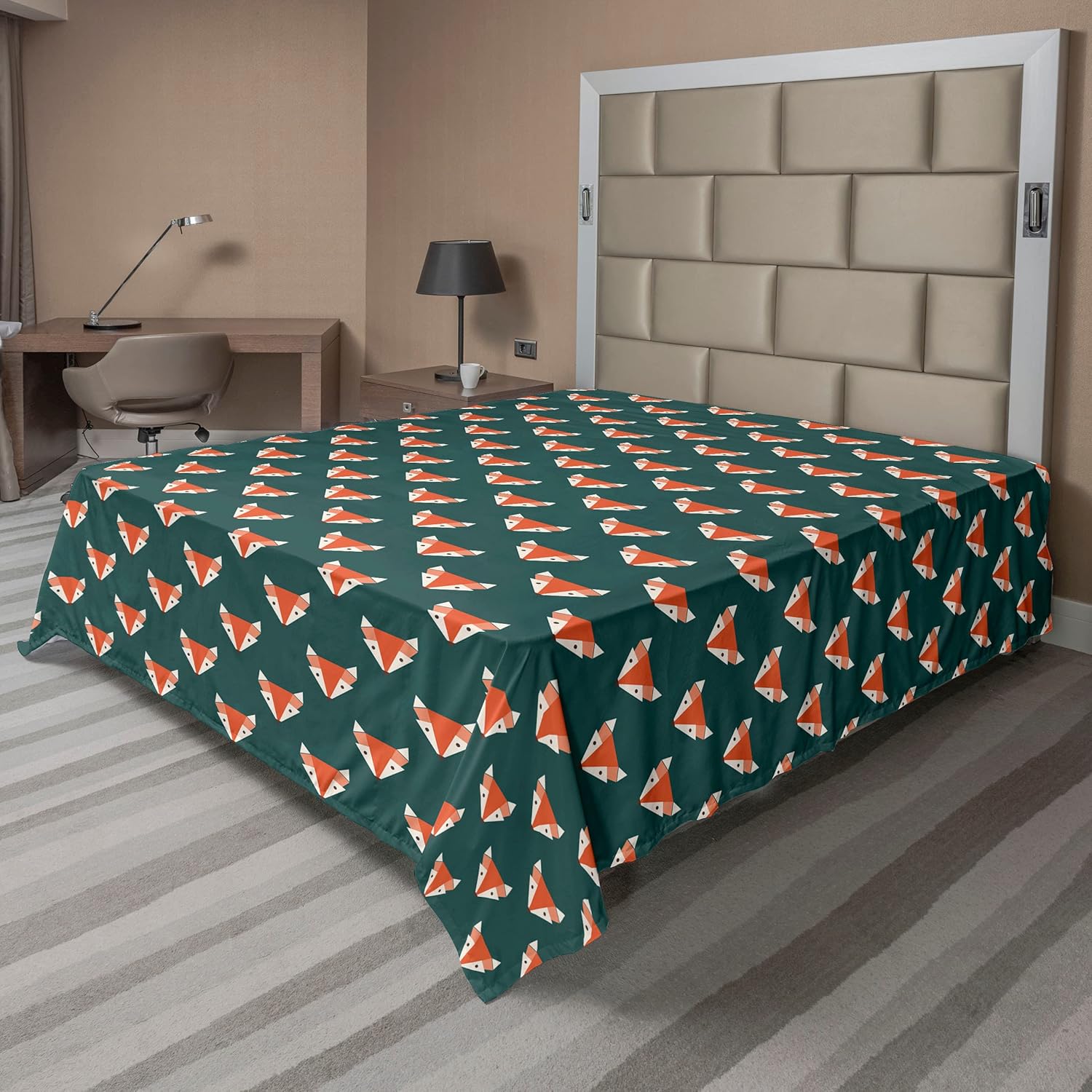 Ambesonne Wild Life Flat Sheet, Repetitive Geometric Fox Silhouette Pattern with Triangle and Tetragon Art, Soft Comfortable Top Sheet Decorative Bedding 1 Piece, Queen Size, Teal Burnt Sienna