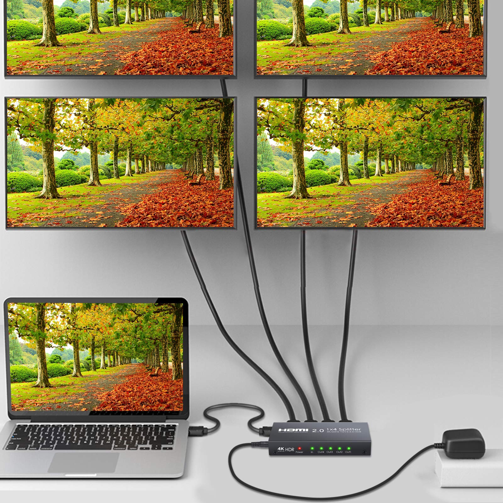 Répartiteur HDMI 2.0 4 Voies Prise en Charge du séparateur HDMI 4K @ 60Hz YUV 4: 4: 4 et HDR 1 entrée sur 4 Sorties Amplificateur de Distribution HDMI pour Lecteur Blu-Ray Skybox Xbox One Sky Box
