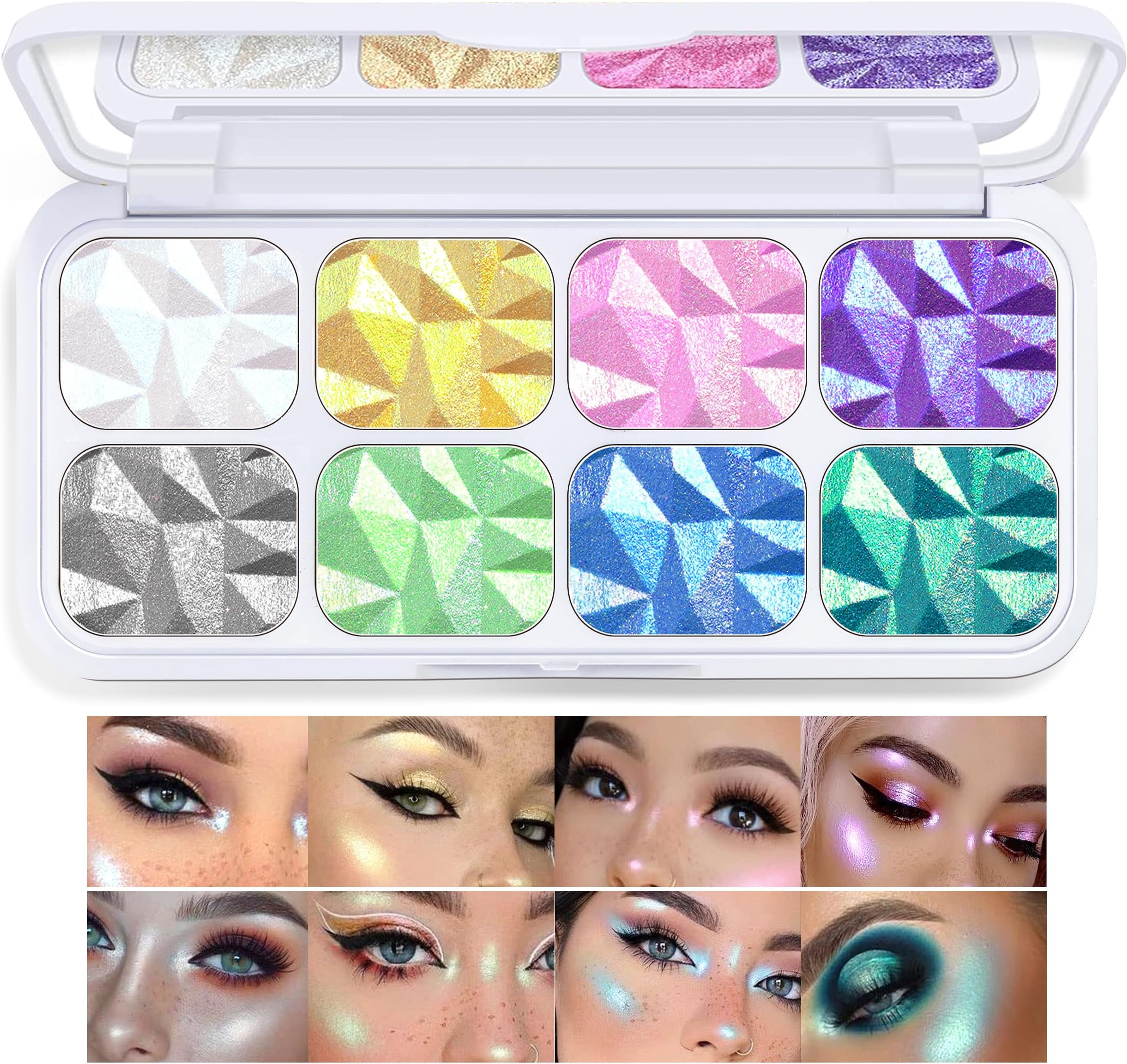 8 Colors Face Highlighter Makeup Palette Diamond Glitter iluminadores de maquillaje, Intense-Color Chameleon Eyeshadow Rainbow Shimmer Highlighter Metallic Contour Bronzer Palette
