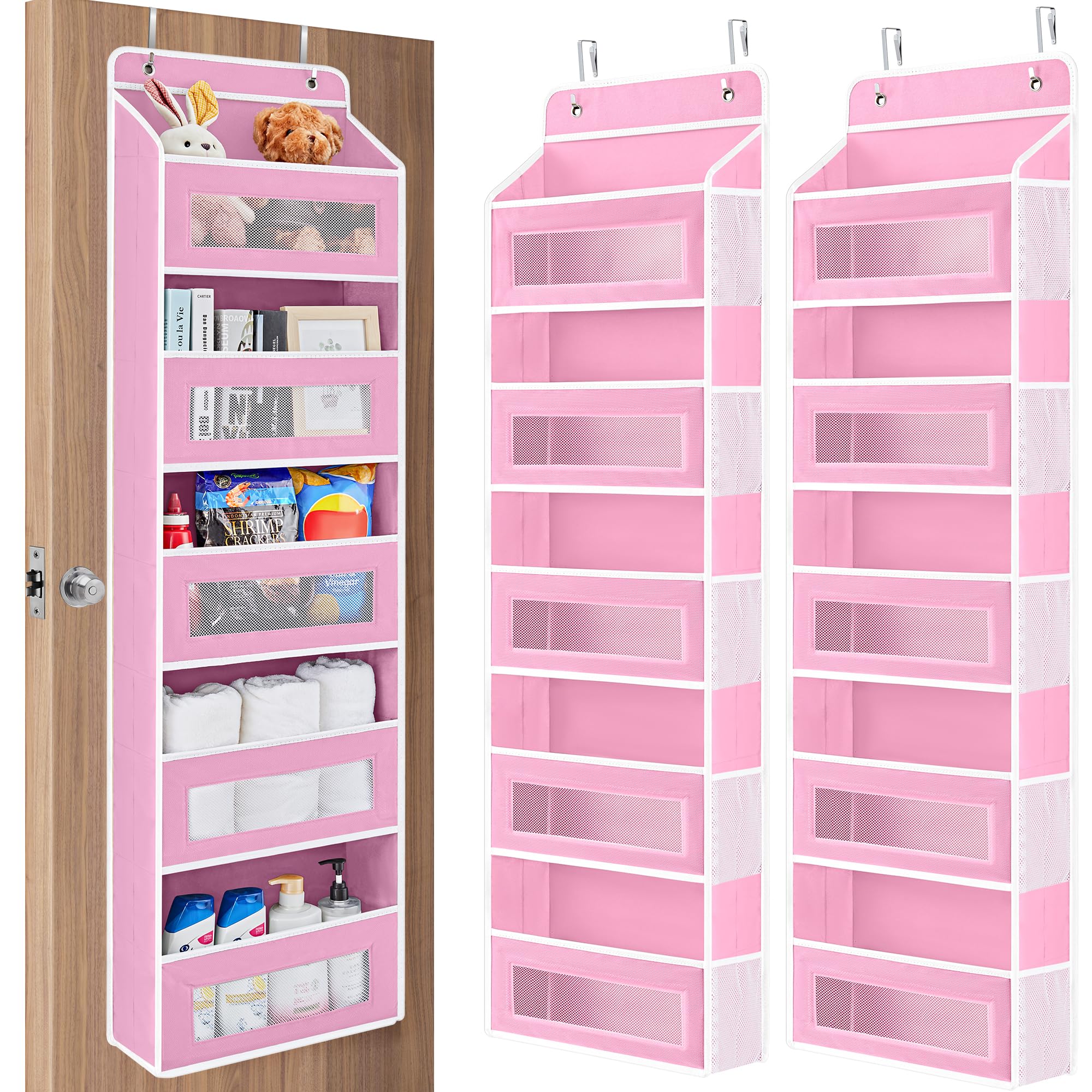 JARLINK Over the Door Organizer for Pantry, Bathroom, 5 Shelf Pink, 2 Pack | Anti-Tilt Design, 44 lb Load Capacity, Hanging Door Organizer with 5 Large Capacity Pockets, Behind Door Storage for Nursery