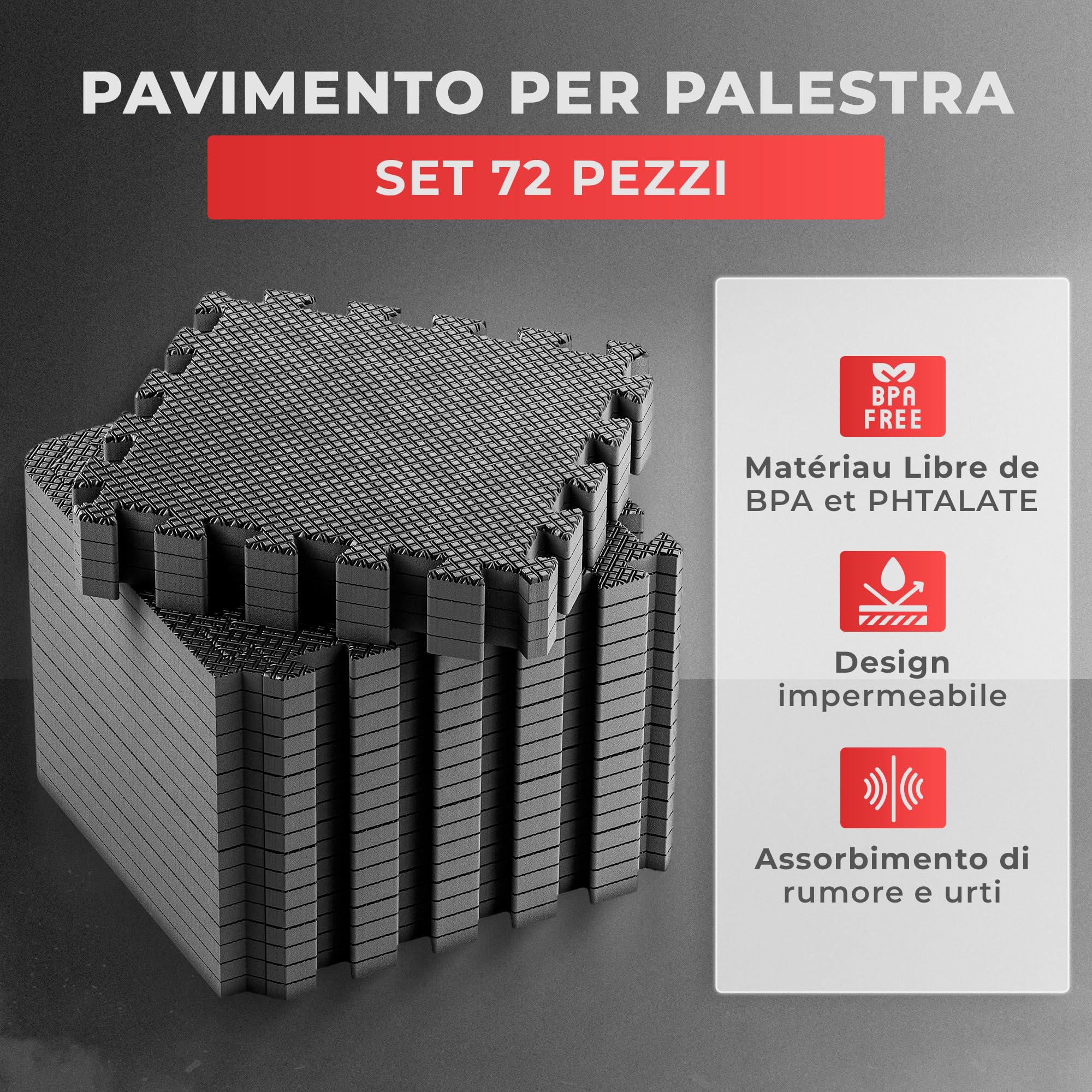 JUPPLIES Tappeto Palestra Puzzle in Gomma EVA – Pavimento Gommato Antiscivolo per Casa | Tappetini Palestra 30x30x1cm | Set da 18/36/72 Piezze – Yoga, Pesi, Fitness (72)