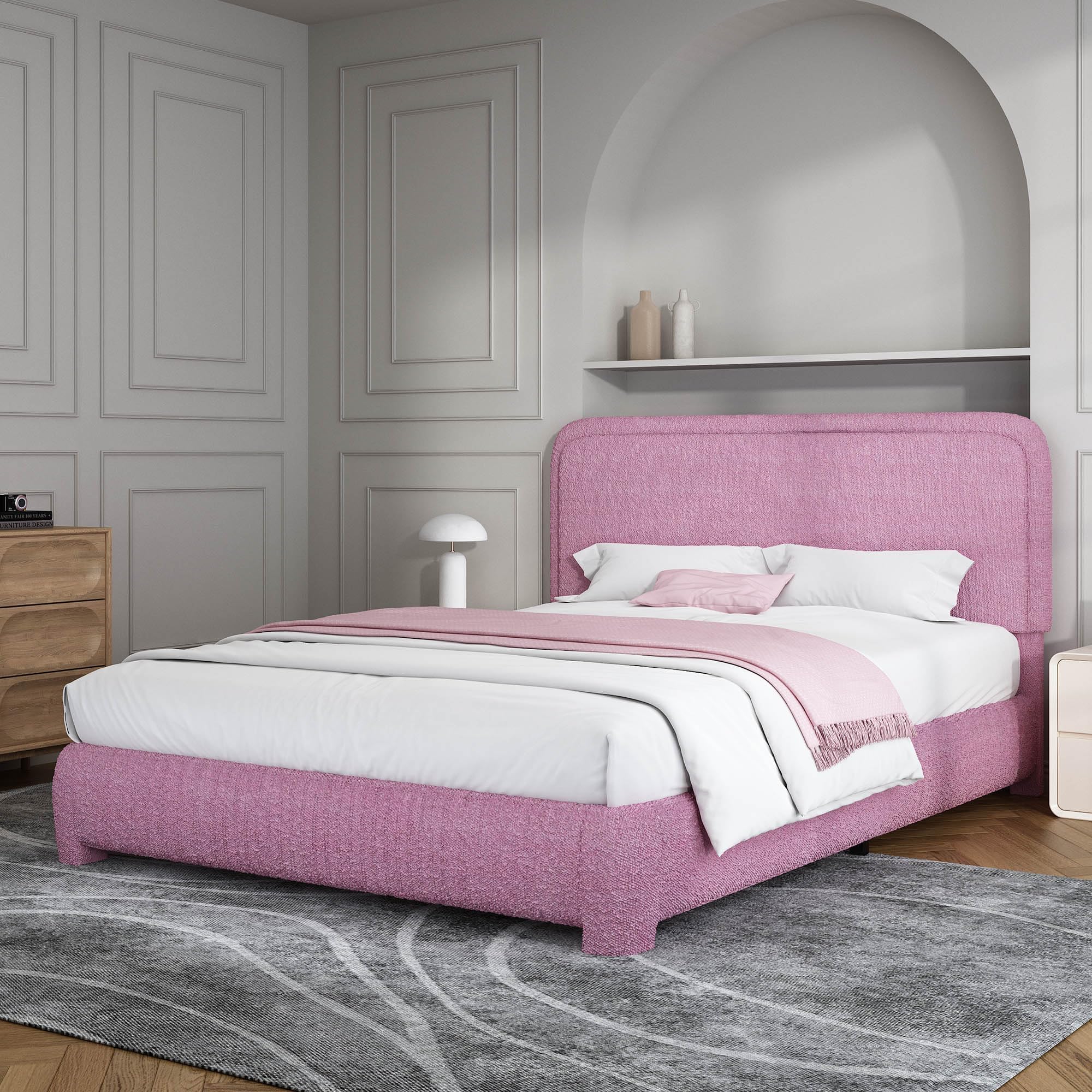 BarnFurin Full Bed Frame, Cloud Boucle Headboard, Low Profile, Rose Pink