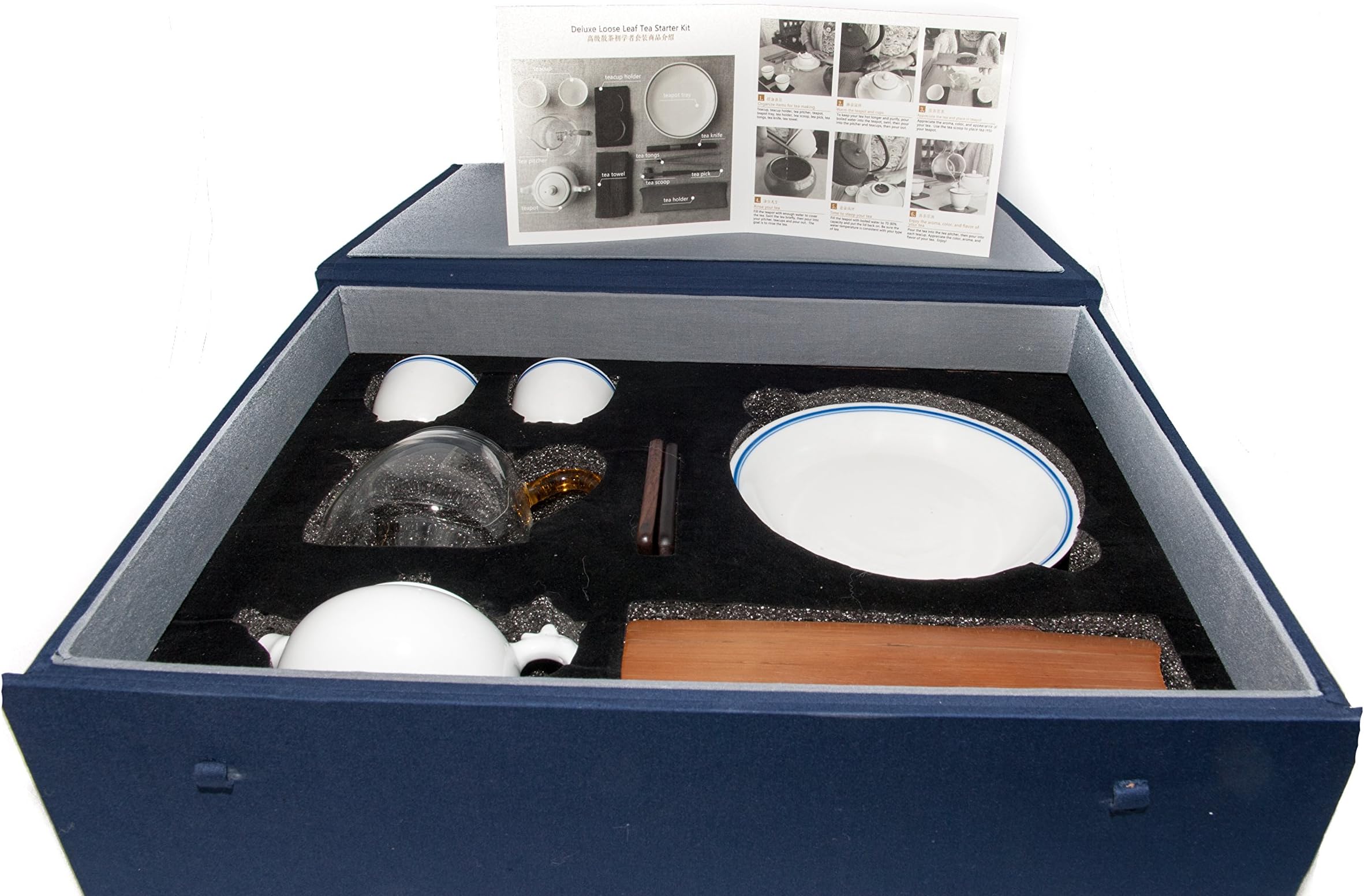 Deluxe Loose Leaf Porcelain Tea Set by Bamboo Mist Tea - Chinese Gongfu Set - Complete Tea Set with Teapot, Teacups, Glass Serving Pitcher, and Tea Utensils - Instructions Included - Perfect Gift