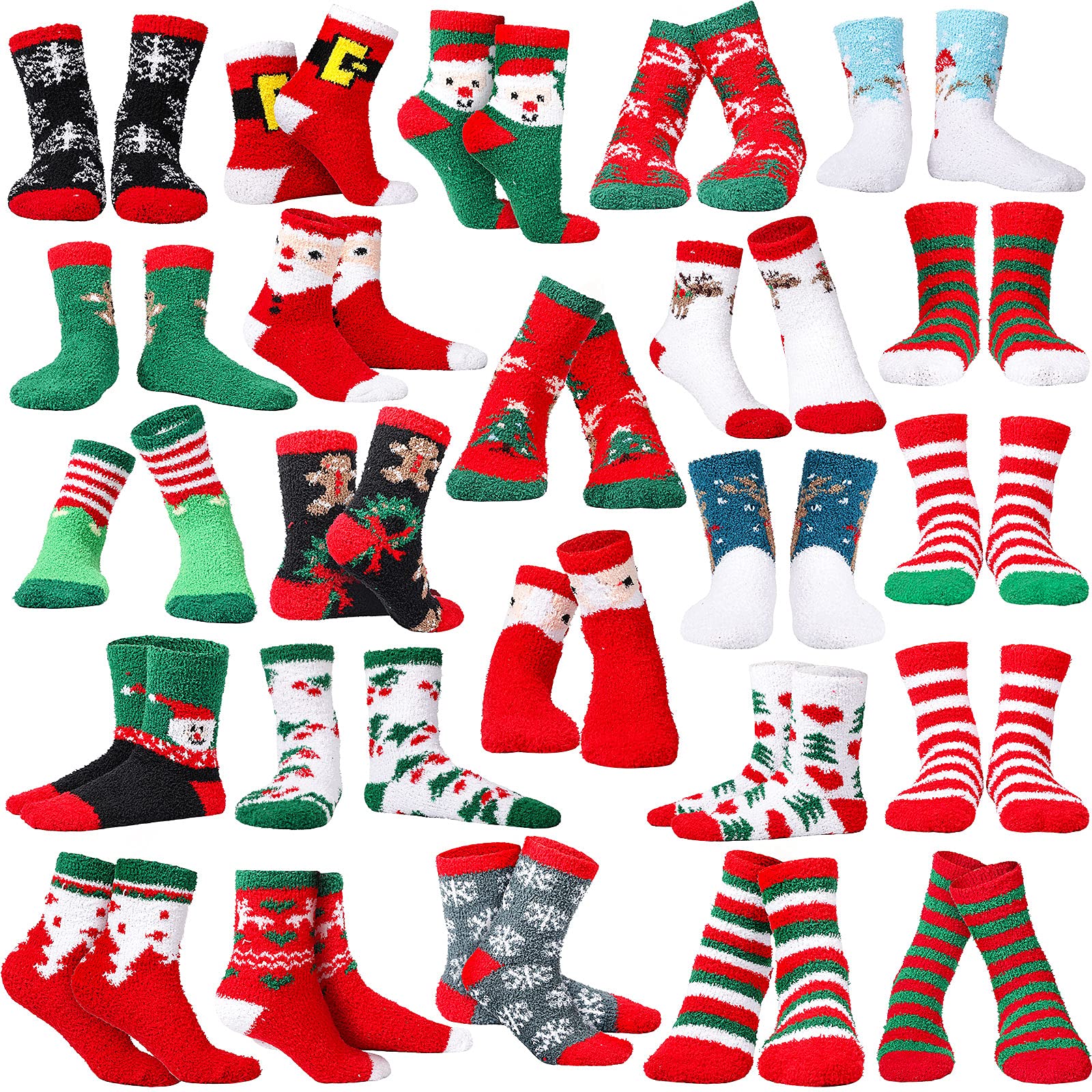 24 Paar Weihnachtssocken für den Winter, warm, gemütlich, Korallen-Fleece-Socken, bunte Elch, Weihnachtsmann, Crew-Socken für Frauen und Mädchen