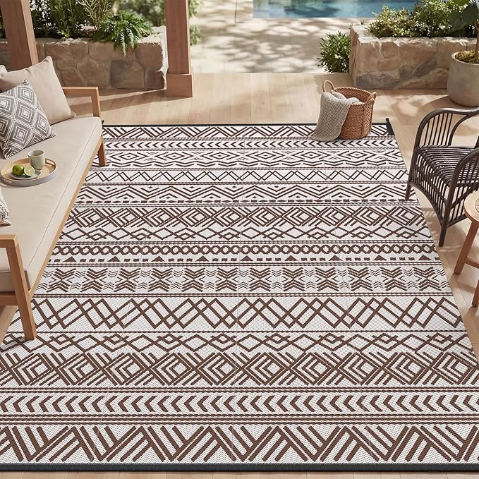 MontVoo Outdoor Rug Carpet Waterproof 5x8 Outdoor Patio Rug Mat Reverisble Plastic Straw Outdoor Rug for RV Camping Picnic Beach Balcony Boho Grey