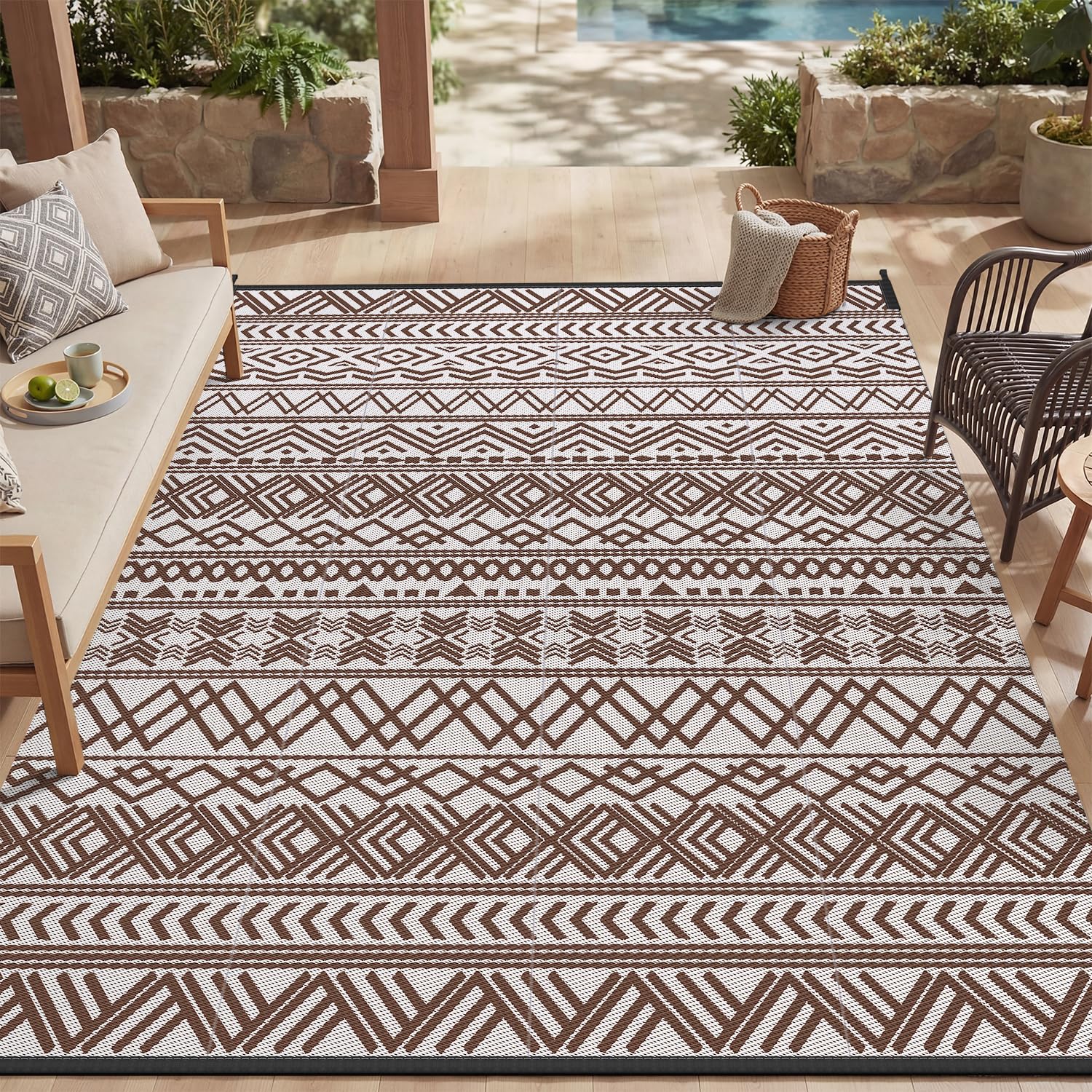 MontVoo-Outdoor Rug Carpet Waterproof 8x10 ft Reversible Patio Rug RV Camping Rug-Plastic Straw Rug Outside Indoor Outdoor Area Rug for Patio Deck Balcony Picnic Beach Outdoor Decor Boho Beige Brown-image-16