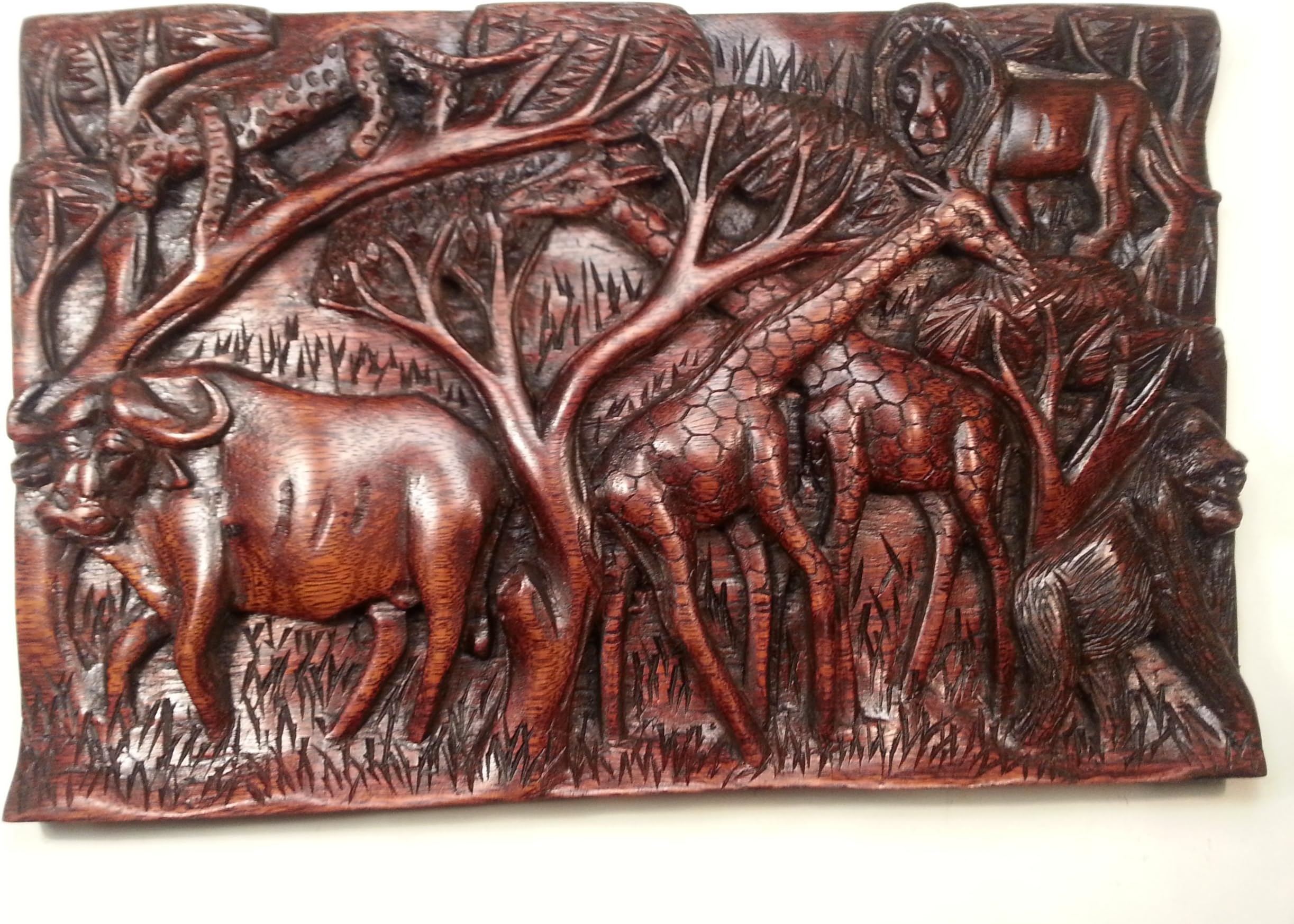 African Wooden Hand Carved Plaque: Leopard, Lion, 2 Giraffes, Gorilla and Buffalo
