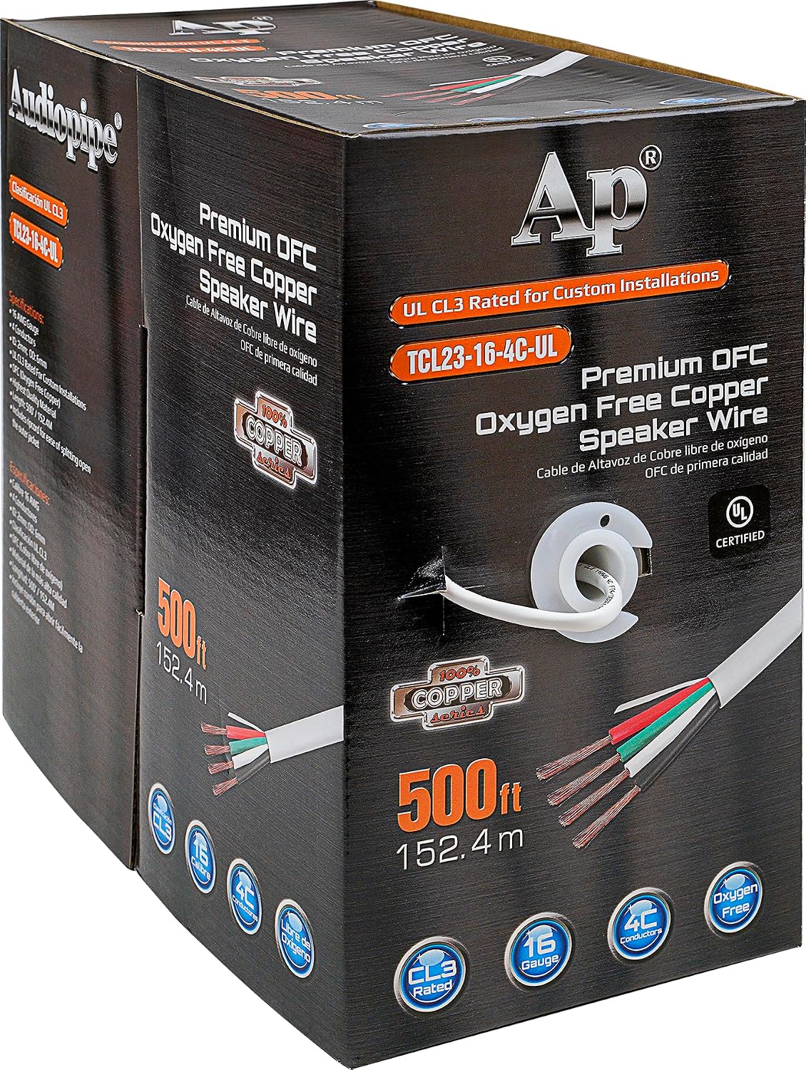 Audiopipe Premium 16 Gauge Advanced Oxygen Free Copper (OFC) Speaker Wire (TCL23-16-4C-UL), 500 Ft, Ripcord, UL CL3 Rated, PVC Jackets, 4 Conductors