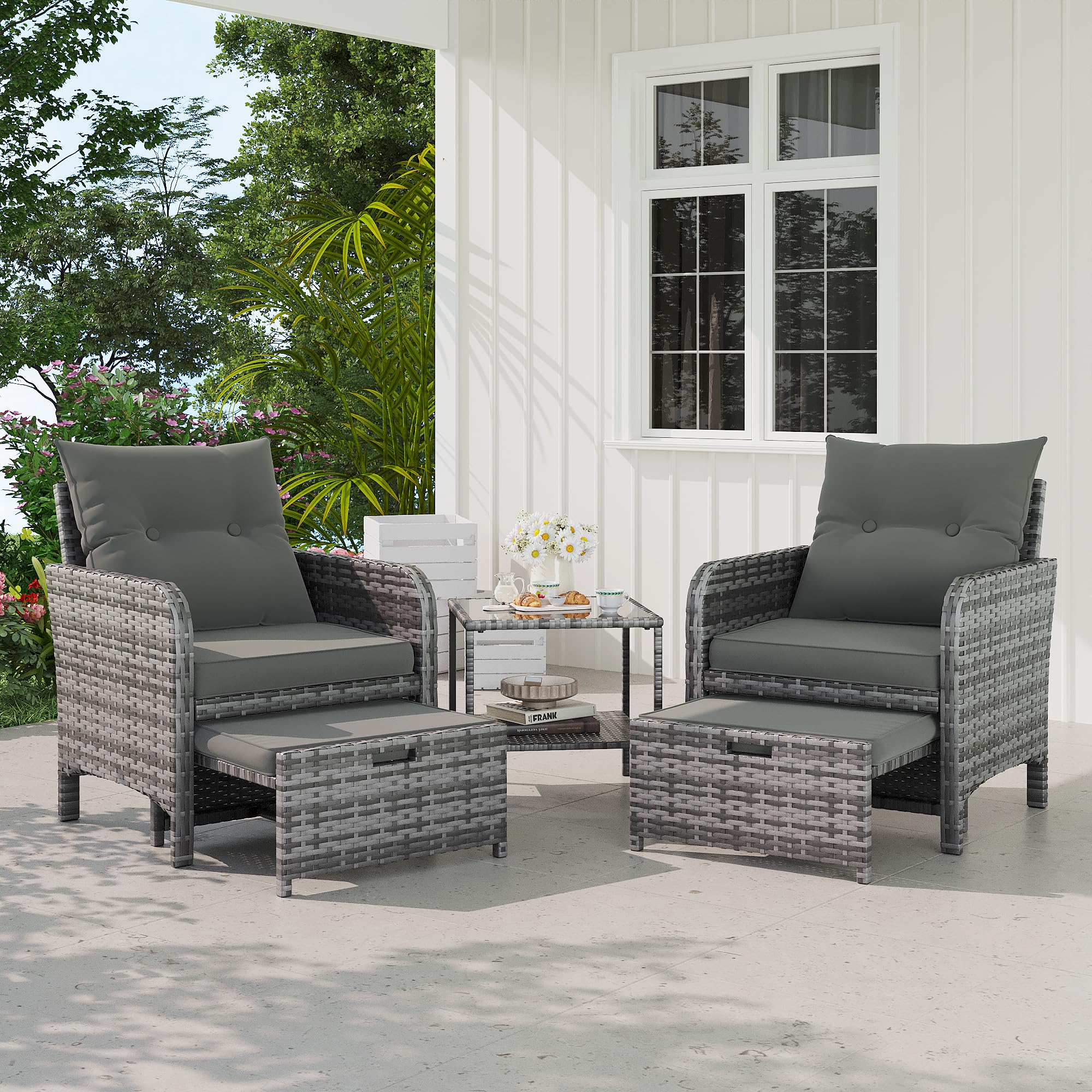 UDPATIO 5 PCS Rattan Garden Furniture Set, Wicker Patio Conversation Set with 2 Cushionsed Chairs, 2-Tier Coffee Table, 2 Ottomans for Outdoor, Balcony, Backyard (Grey-Mottled & Dark Grey Cushion)