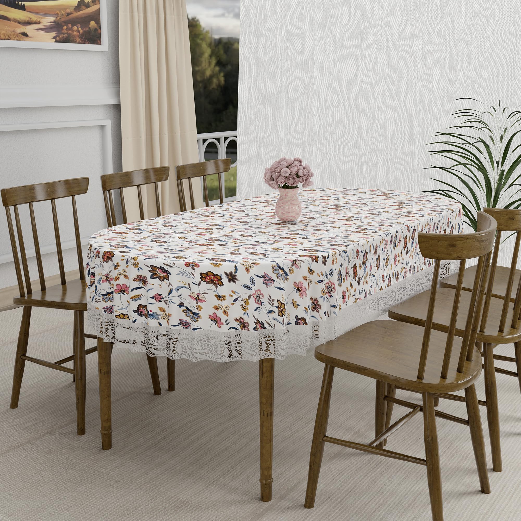 Kuber Industries 60x90 Inch Oval Waterproof PVC Table Cover – Heat-Resistant & Scratch-Proof Dining Table Protector for 6-Seater | Tablecloth for Home, Office, Restaurant | Barik Flower - Cream