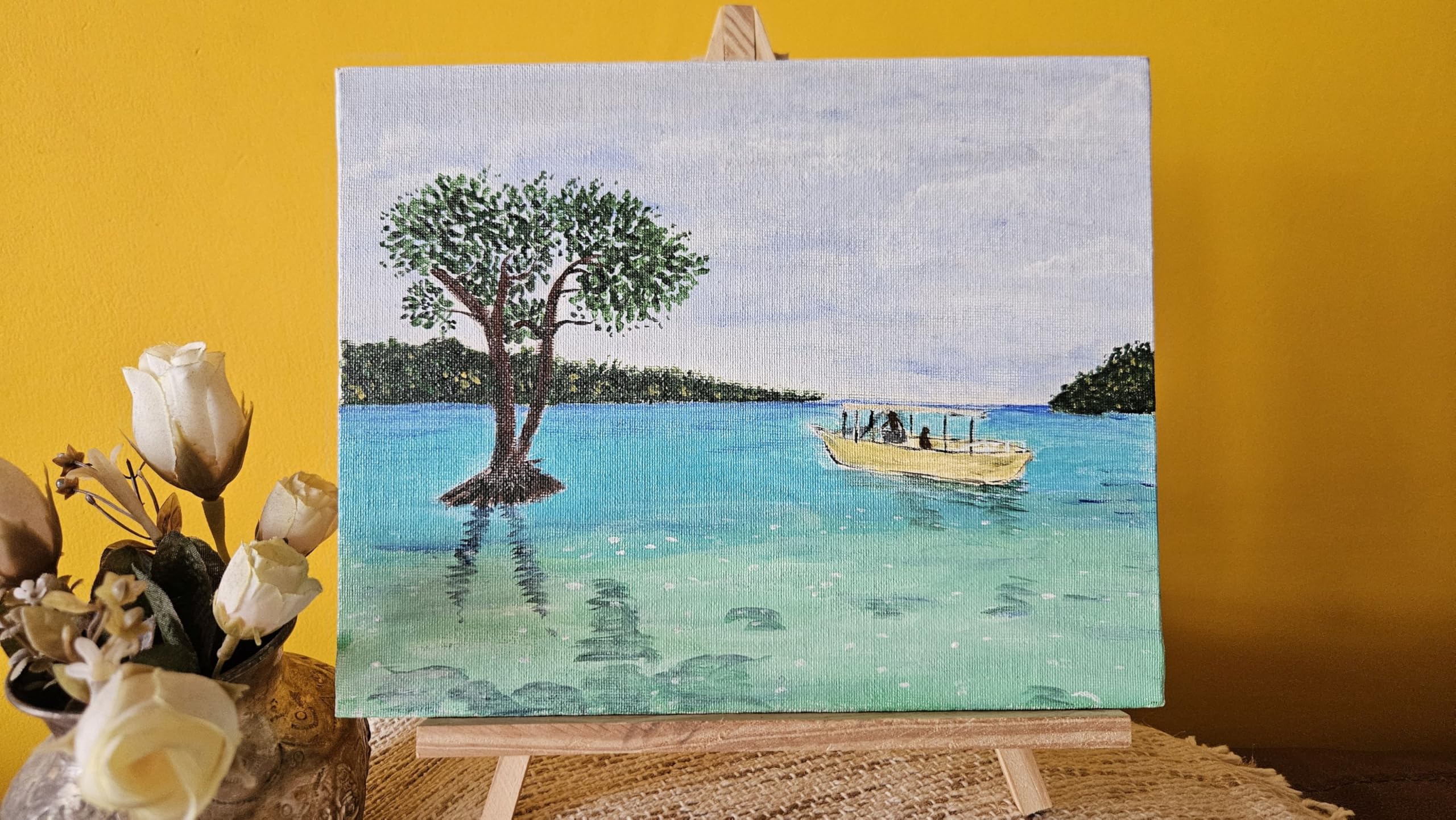 Original Handmade Acrylic Painting on Canvas Board - Boat by the Backwaters!-picture-22