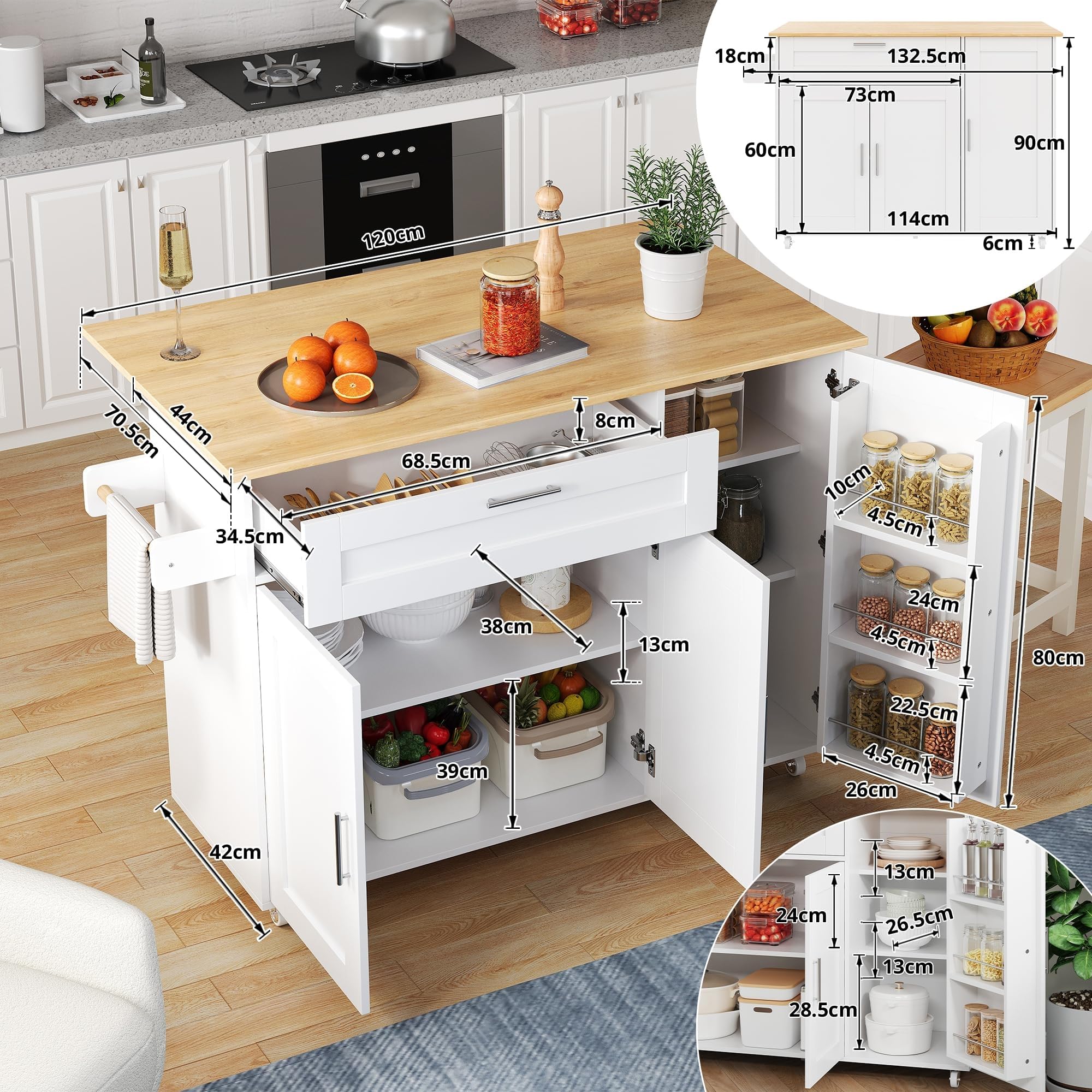 Carrello per isola da cucina con piano di lavoro pieghevole, armadio da cucina su ruote con cassetto e portaspezie e 3 ante, isola da cucina mobile, per cucina e sala da pranzo, 132,5 x 44 (70