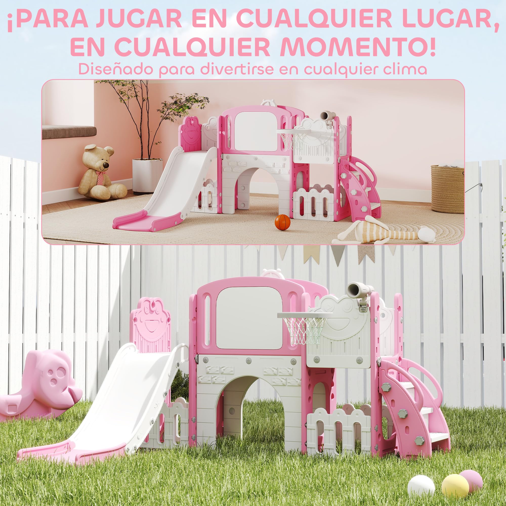 AIYAPLAY Tobogán Infantil 7 en 1, Tobogán para Niños de 1-3 Años, Temática de Rana, con Aro de Baloncesto, Túnel, Pizarra, Telescopio de Juguete, Escalador y Cajas, para Interior y Exterior, Rosa