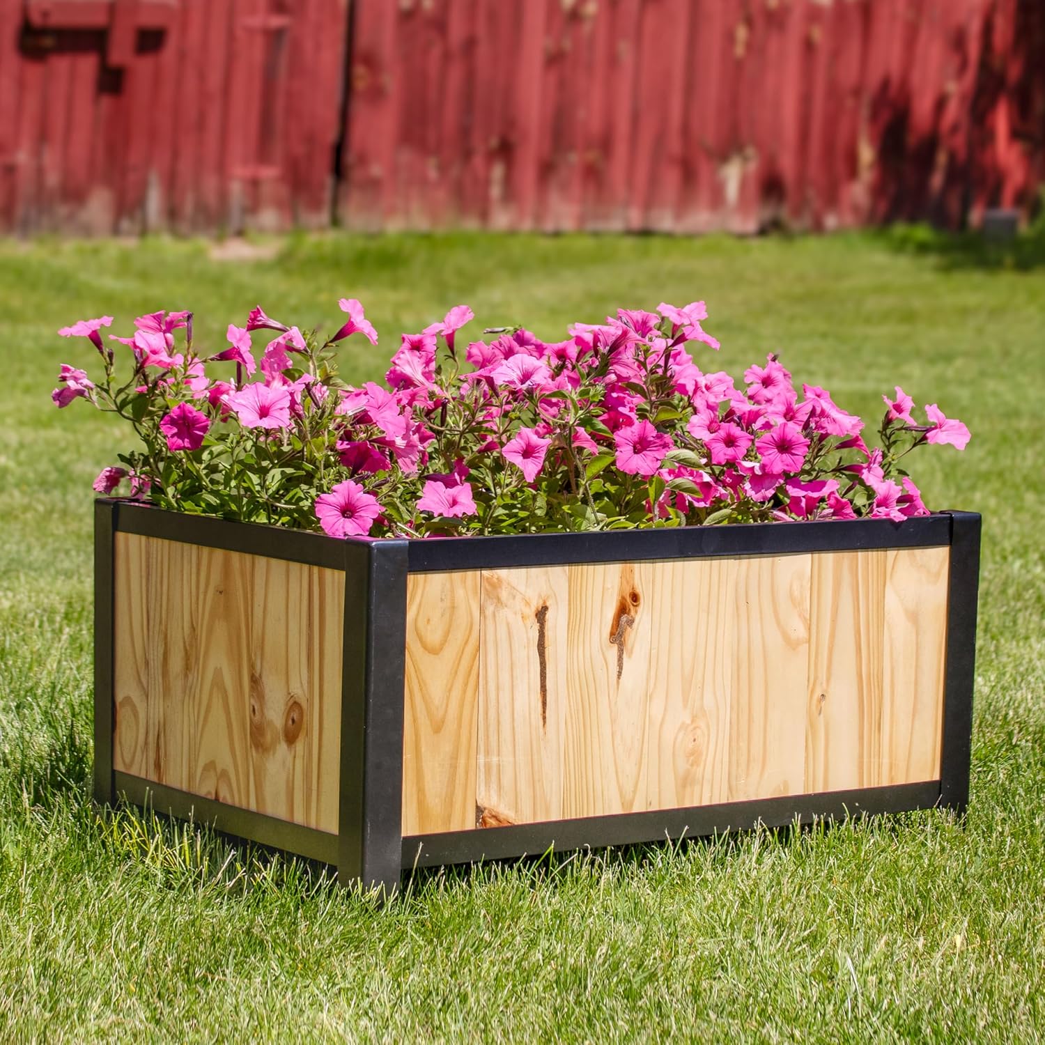 Sunnydaze Steel-Framed Acacia Wood Rectangular Planter Box - 15.5" H Wooden Raised Garden Bed with Removable Planter Bag - Natural