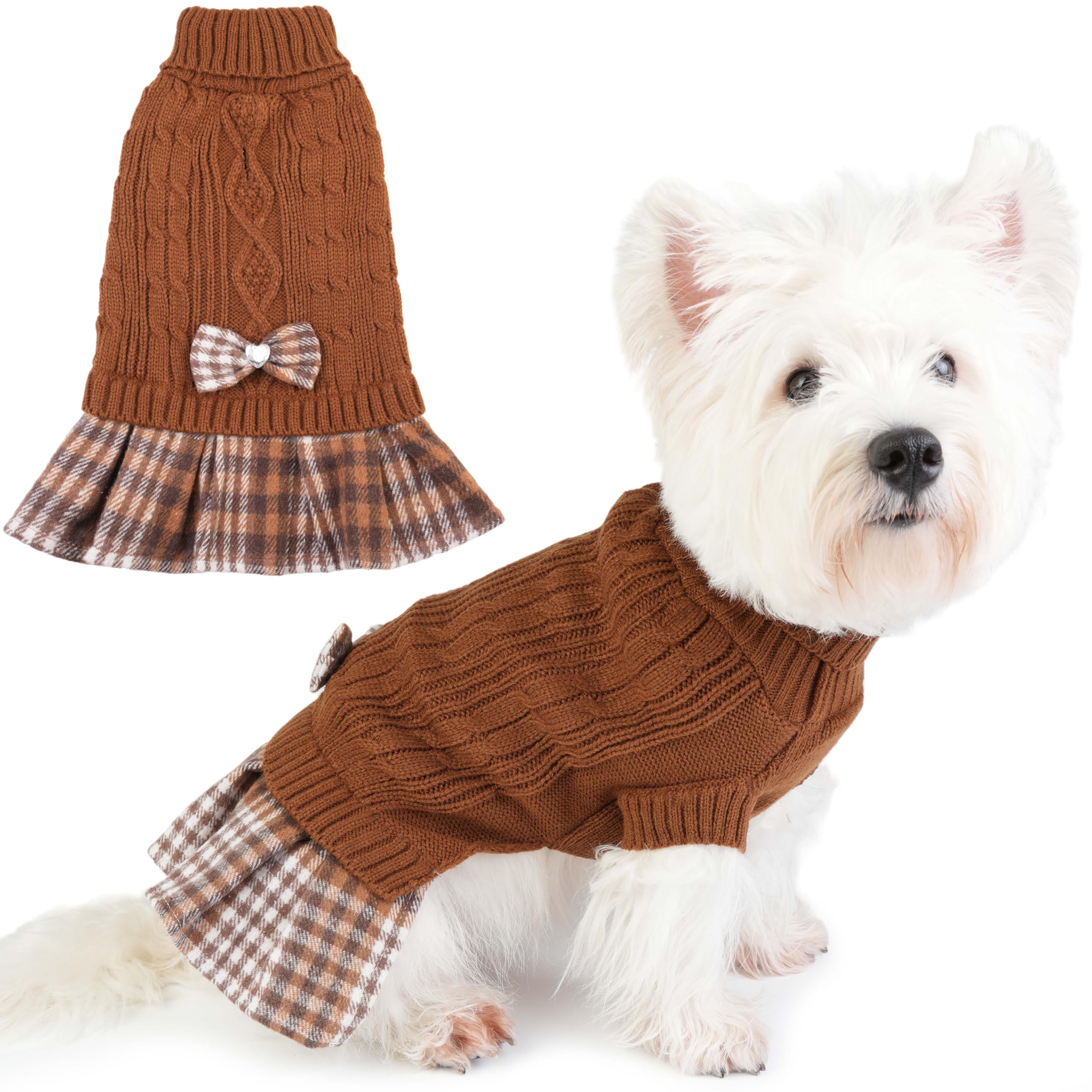 Hpetppy Dog Sweater Dresses for Small Dogs Girl with Bow & Plaid Skirt Soft Tureleneck Dog Sweater with Leash Hole Pet Clothes in Winter Thick Warm Pullover Pet Coats (Brown S)