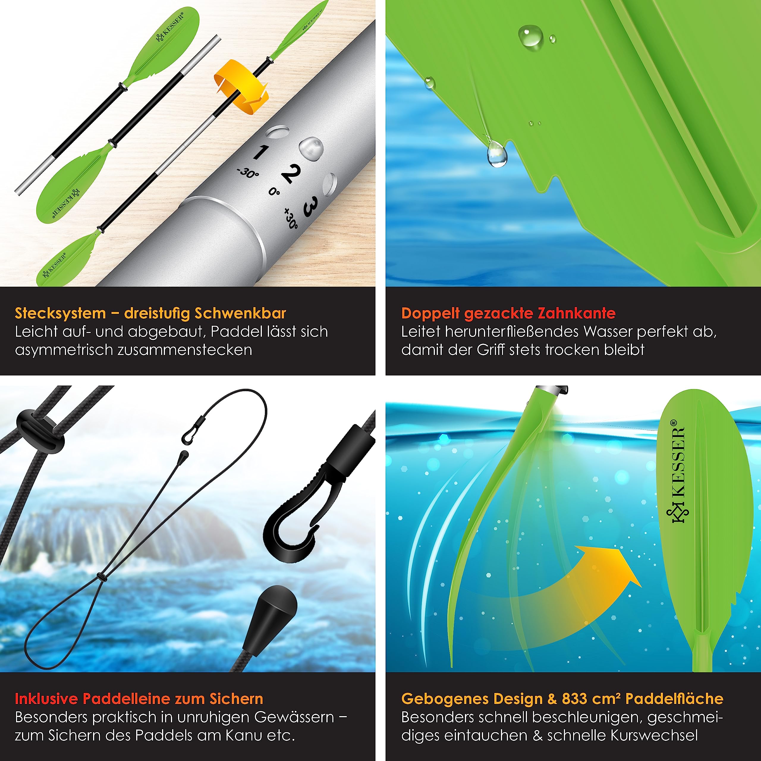 KESSER® Paleta Doble – 4 Piezas para Canoa Kayak Sup Stand-Up Paddling Board Pala de Remo, 228 cm de Aluminio, Muy Ligera para Bote Inflable, Remo, Kayak, Surf Board Bote