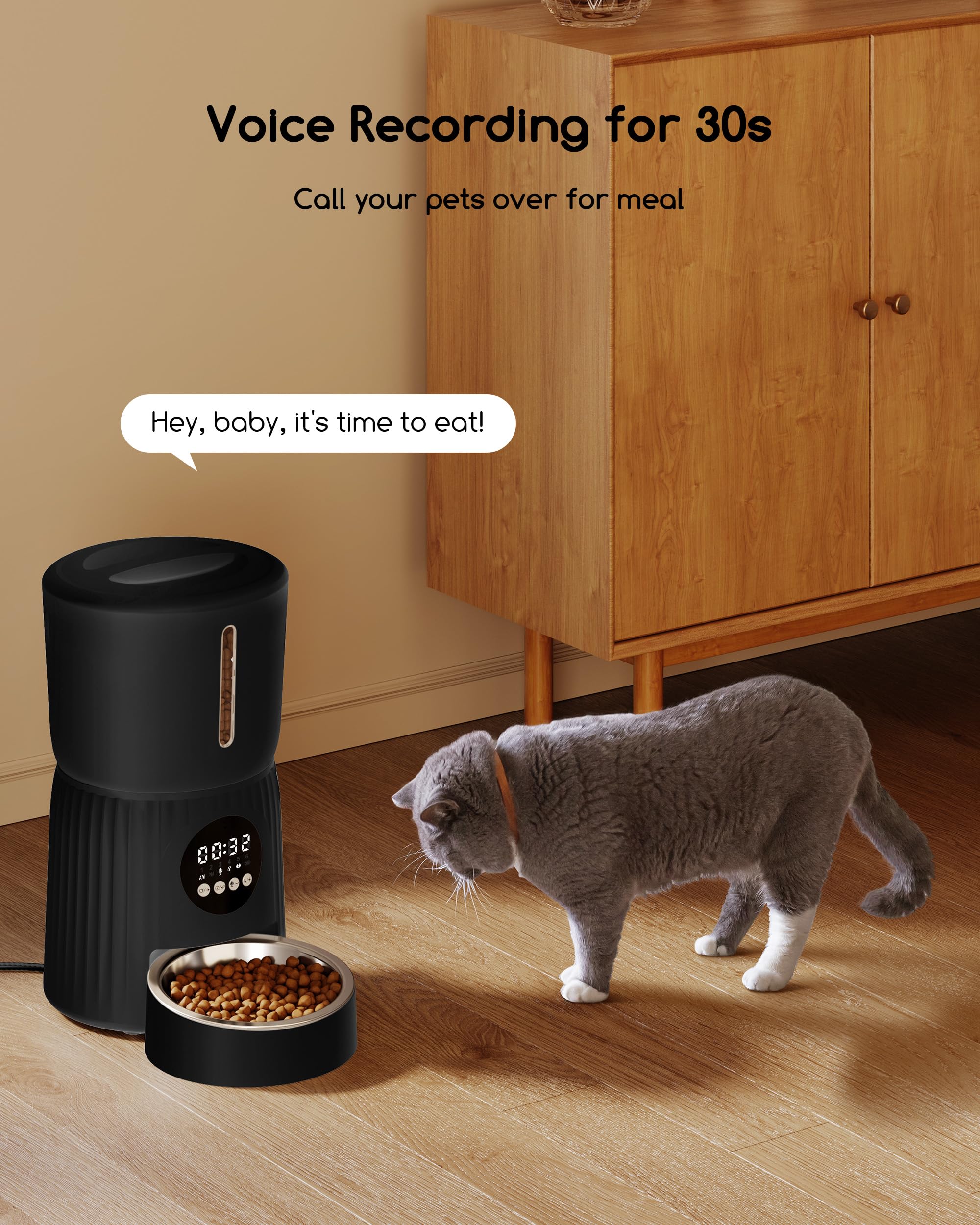 Faroro Distributore Automatico Cibo Gatti, 4L Dispenser Crocchette Gatto con 1-6 Pasti Al Giorno, Porzioni Regolabili, Voce 10s, Alimentazione Lenta (Nero)