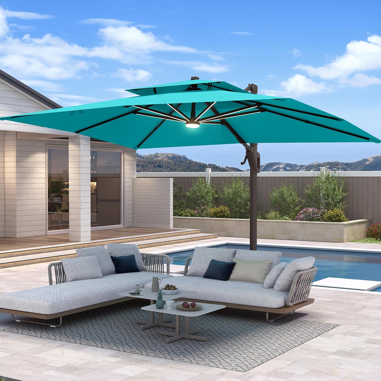 10 X 13 FT Cantilever Patio Umbrella with Base Included & Led Lights Outdoor Rectangle Offset Large Double Top Heavy Duty Umbrellas 360°Rotation for Pool Deck Backyard,Turquoise