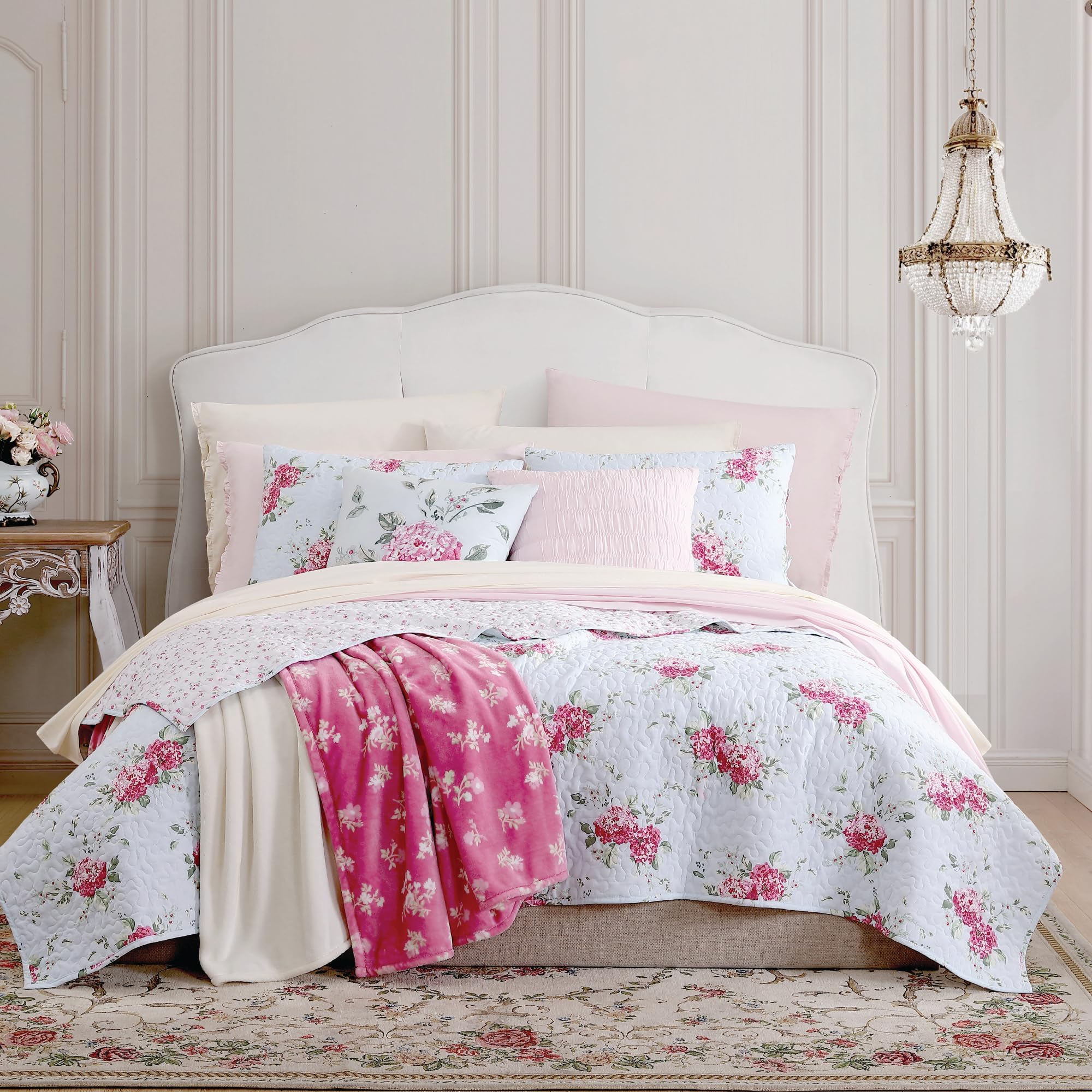 Shabby Chic® - Queen Quilt Set, Reversible Cotton Bedding with Matching Shams, Elegant Floral Home Decor for All Seasons (Chloe Blue, Queen)