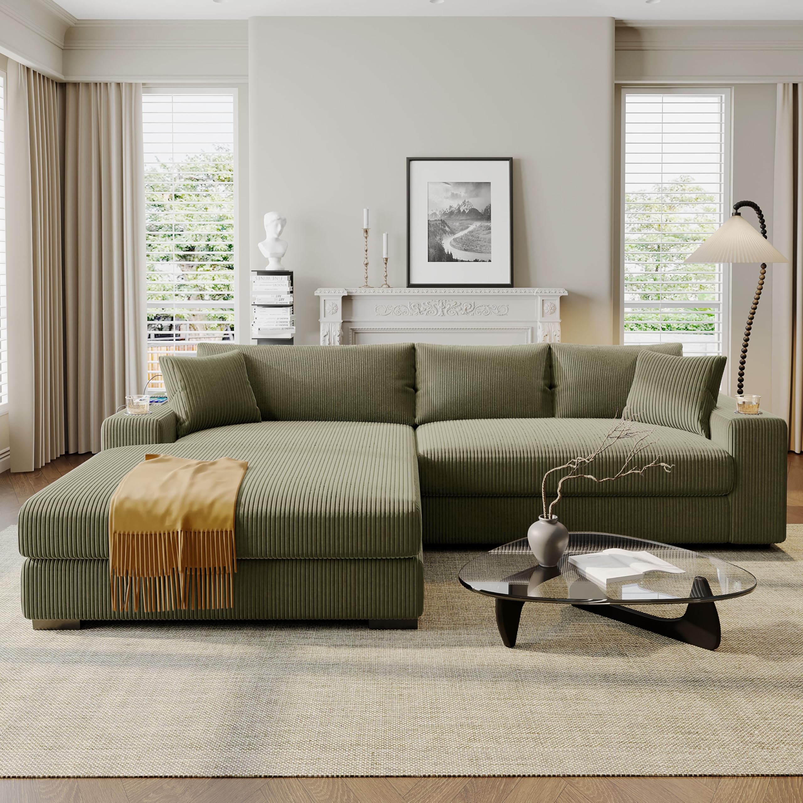 Mirod Large Sectional Sofa with Thick Cushions, and Built-in Cup Holders & Charging Ports (Green@43)