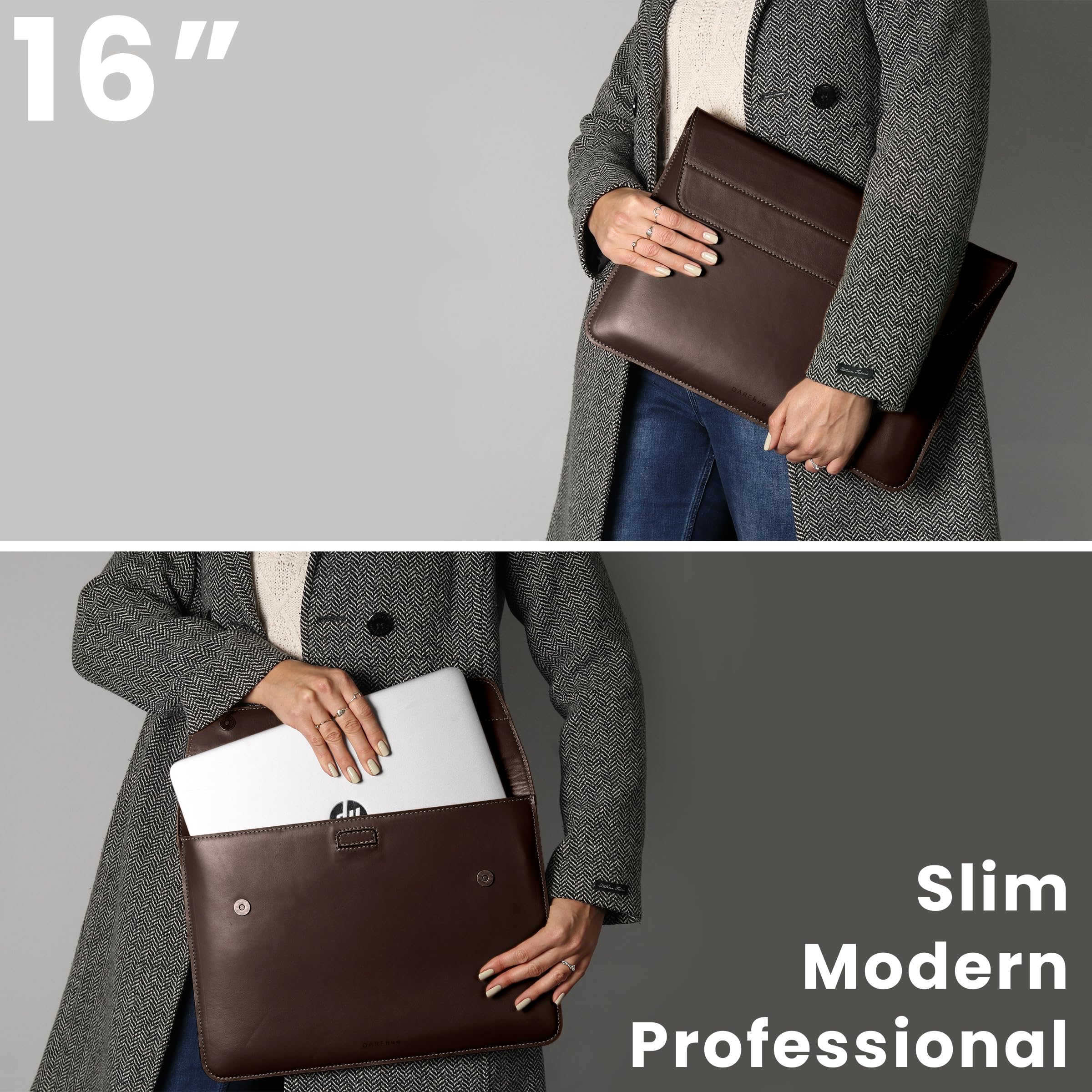 Funda de piel auténtica de grano completo para laptop de 13, 14, 15 y 16 pulgadas, con soporte integrado y acolchado (para MacBook Air/Pro y otros portátiles de 13.3/13.6/14.2/15.6 pulgadas