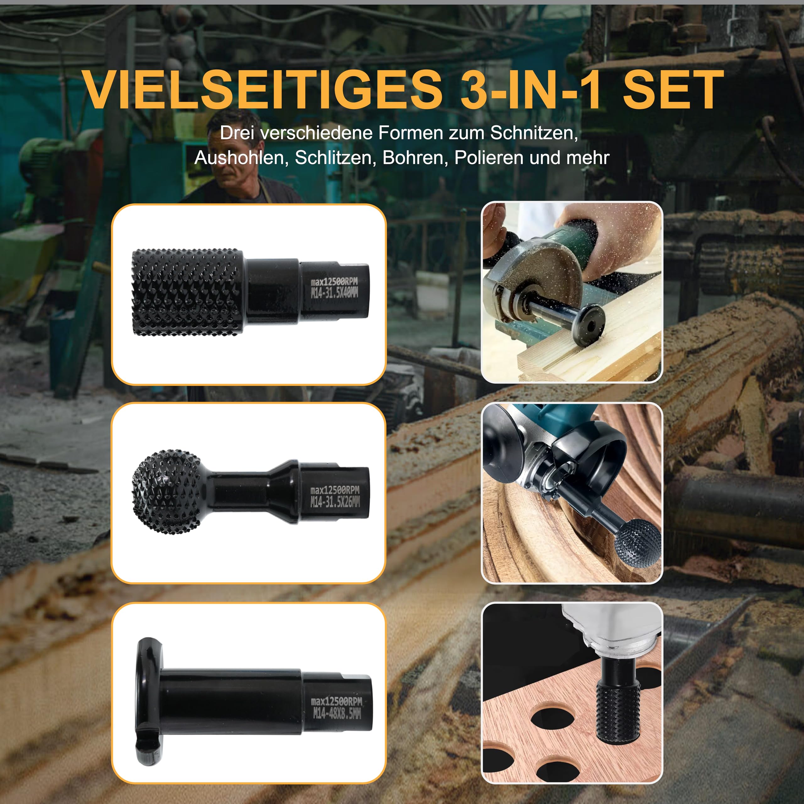 Set di frese per intagliare il legno, filettatura M14, 3 pezzi, per smerigliatrice angolare, 115 mm/125 mm, nero