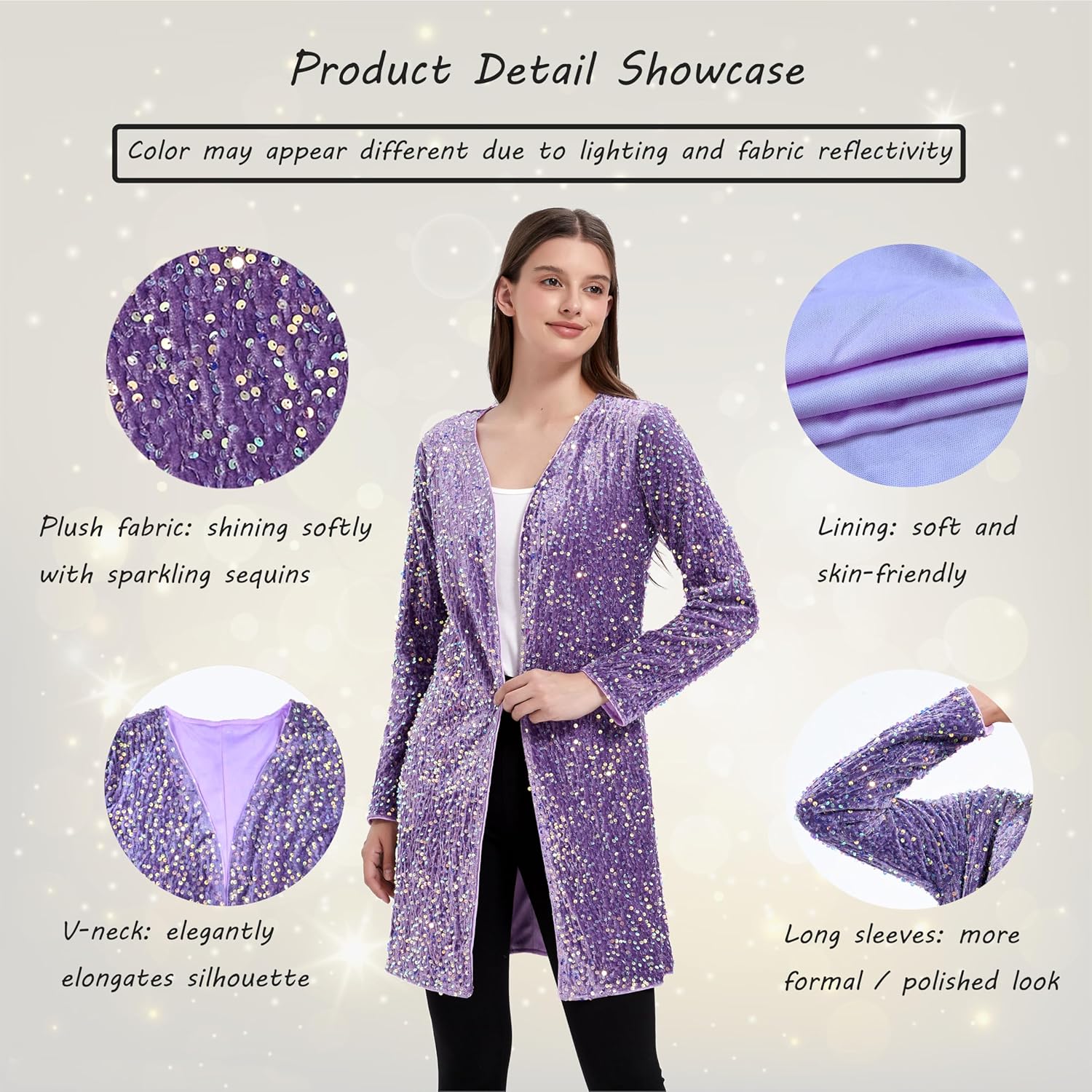 Women's Sparkling Sequin Jacket Sparkly Blazer Open Front Glitter Cardigan Long Sleeve Coat for Casual Party Cocktail