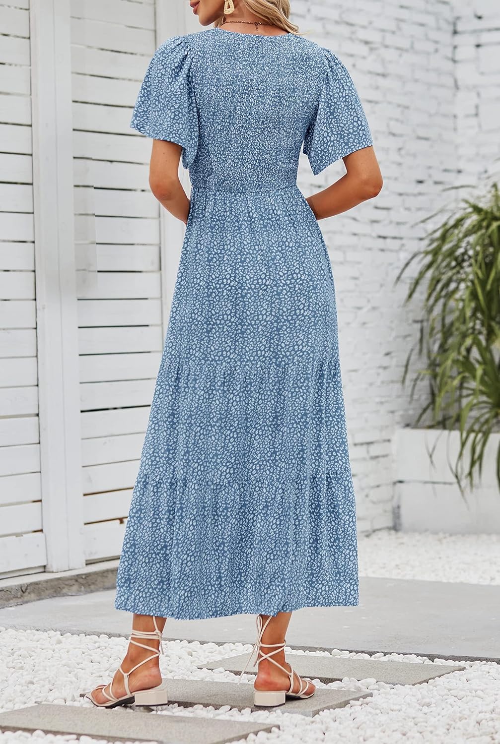 ZESICA Women's 2026 Summer Casual Floral Print Short Flutter Sleeve Crew Neck Smocked High Waist Flowy Maxi Dress - Image 4