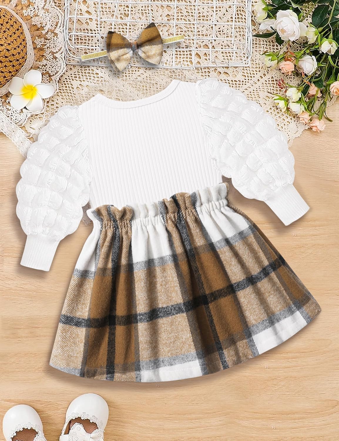Qaoerde Baby Girl Dress Puff Sleeve Plaid Dress Ribbed Newborn Dress Clothes Fall Winter Outfits with Bowknot Headband - Image 5