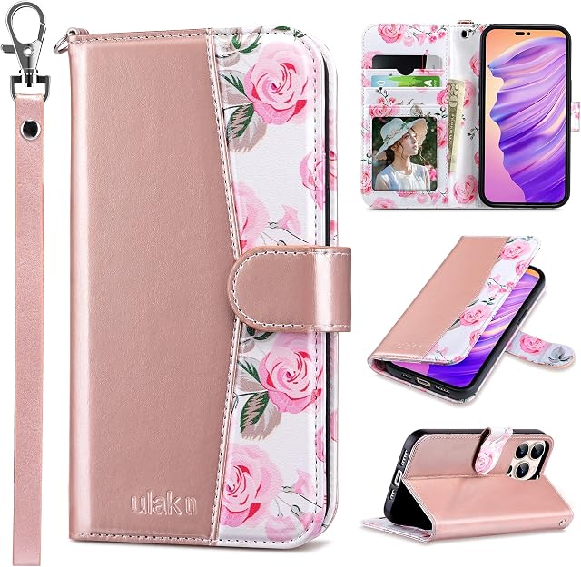 ULAK Wallet Case Compatible with iPhone 14 Pro, Flip Case with Card Holder PU Leather + TPU Bumper Stand Cover Kickstand Full Protective Phone Case for iPhone 14 Pro 6.1 inch - Rose Gold