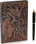 DND Notebook Journal with Pen,200 Pages 3D Phoenix Embossed Faux Leather Cover Diary Personal Organizers Planer Gift for Men Women(Bronze)