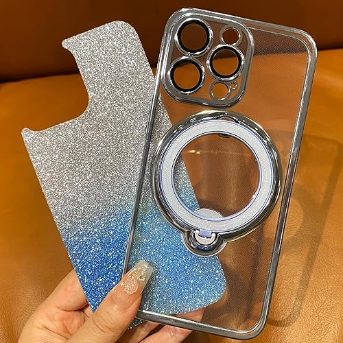 Miniatura 6 de Funda magnética con purpurina para iPhone 15 Pro Max con soporte de anillo giratorio, compatible con MagSafe protector de lente de cámara chapado de