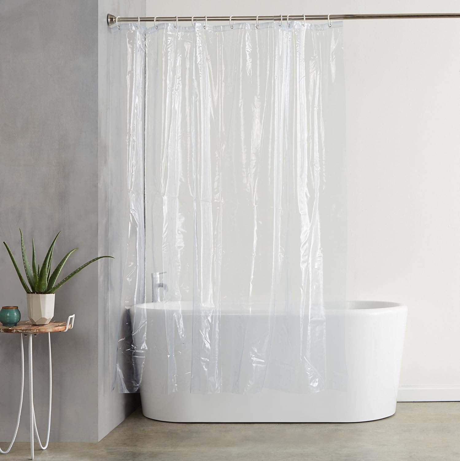  Basics Fabric Shower Curtain with Grommets and Hooks, 72-Inch, Gray Stripe & Shower Curtain Liner, Clear : Home & Kitchen