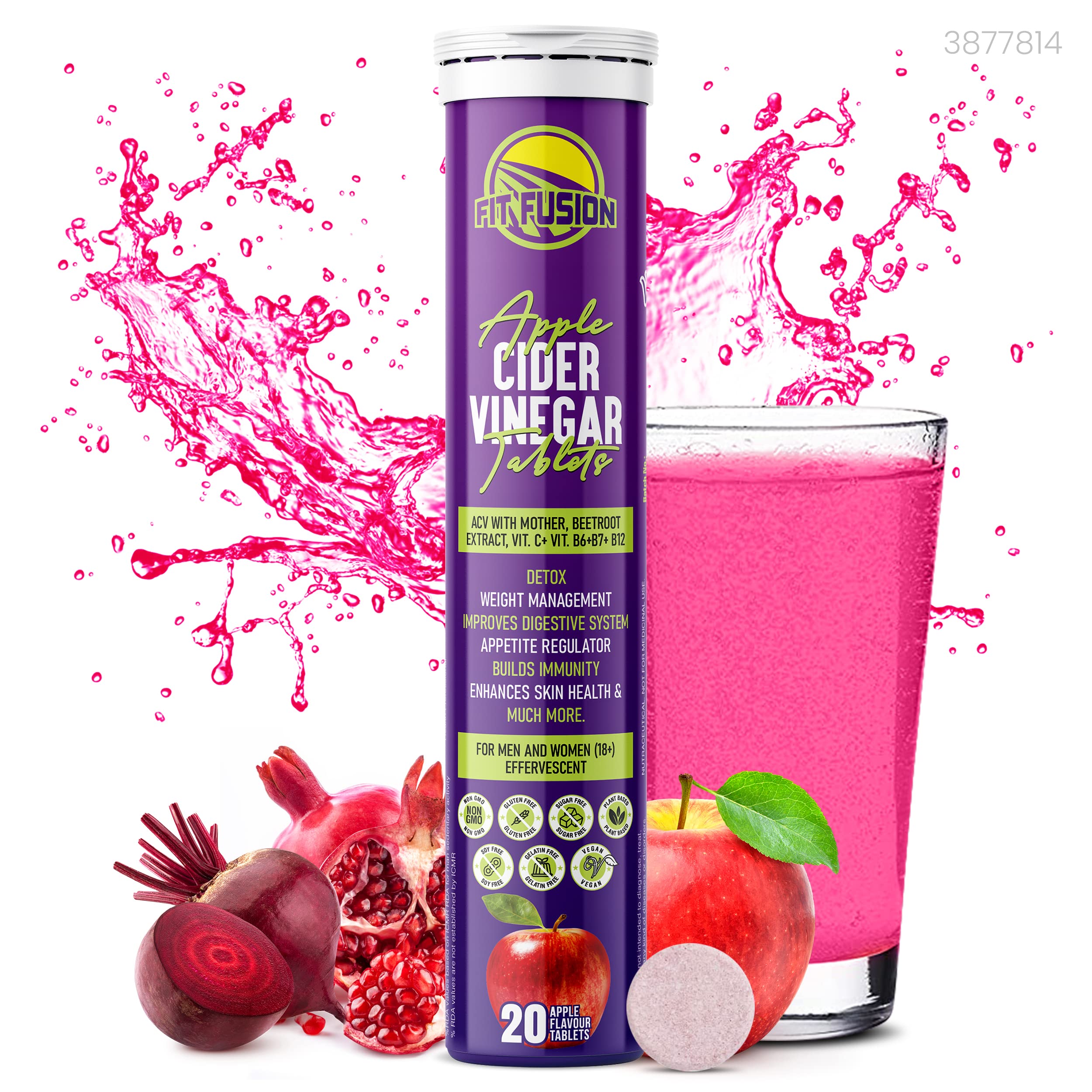 FIT FUSION Apple Cider Vinegar tablet for weight loss drink, detox, immunity, gut I 20 ACV tablets for weight loss with Pomegranate extract, Beet root extract, Vitamin C, B 6, B7, B12 I Sugar free,Apple flavour, 100 % Vegan (Pack of 1)