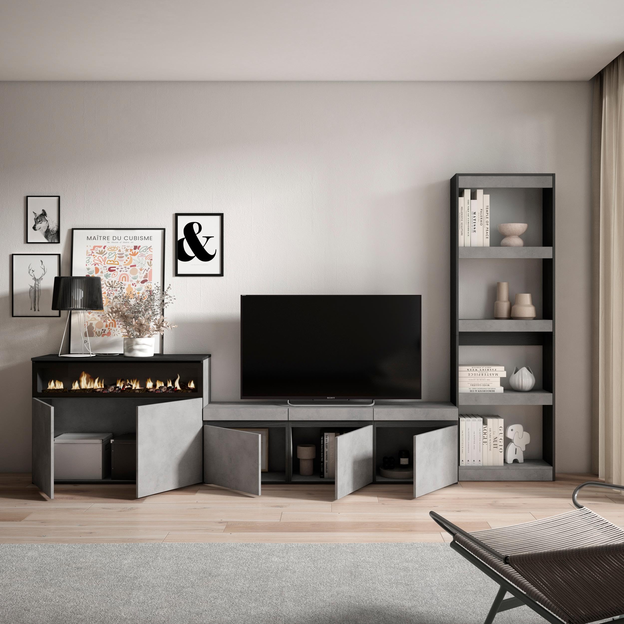 Skraut Home | Wohnwand Wohnzimmer | Wohnzimmermöbel, Möbelset | 310x186x35cm | Für TV-Geräte bis zu 65" | Elektrokamin. | Moderner Stil | Zement