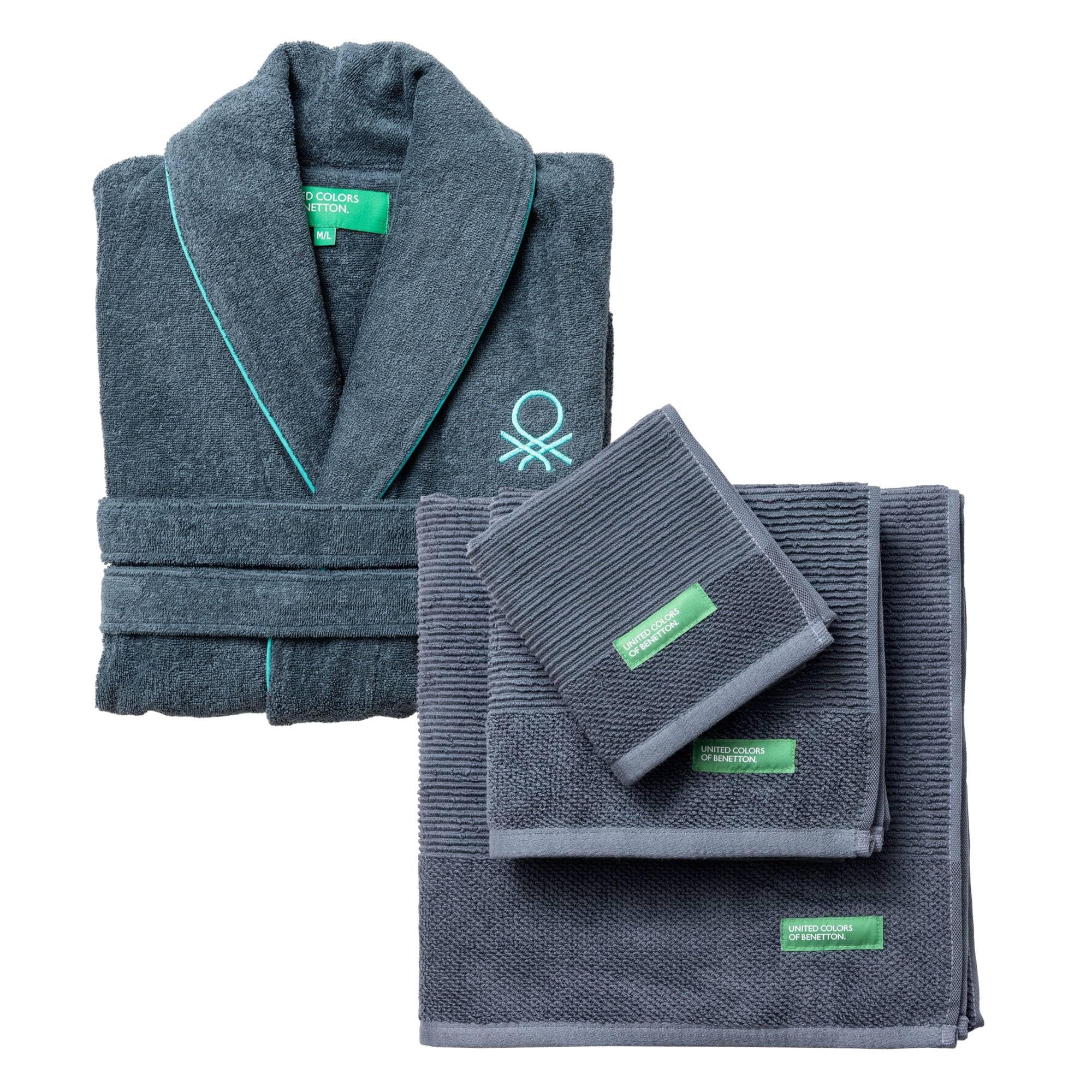 Juego de Albornoz M/L 100% Algodón + Set de 3 Toallas de Baño (30x50 + 50x90 + 70x140cm) 450GSM de color Gris oscuro Benetton