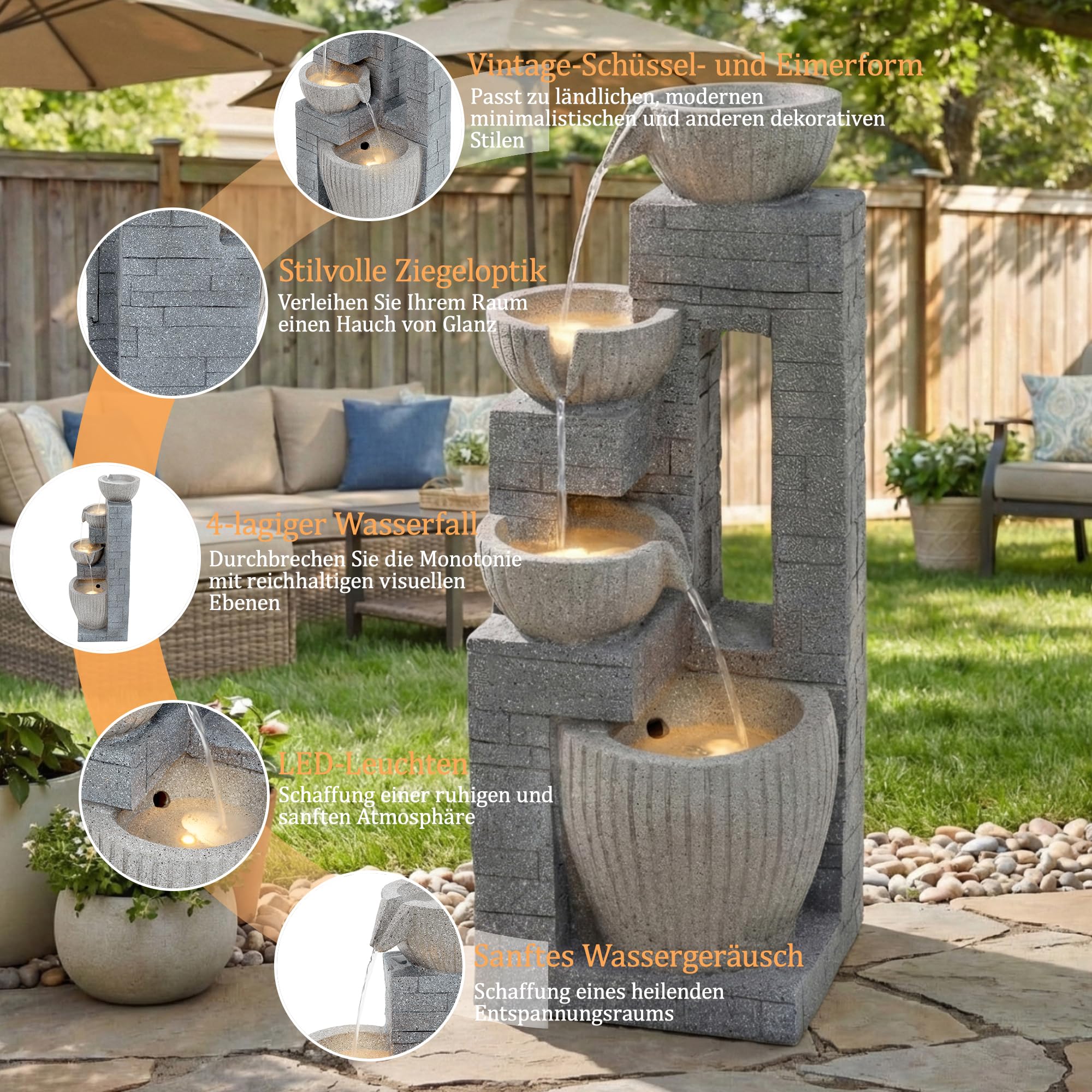 Gartenbrunnen, Brunnen Garten, Gartenbrunnen für Außen, 80 cm Schichtstein-Becken mit LED-Brunnen, aus Rostbeständigem Polyesterharz, für Garten, Terrasse, Balkon & Rasen (Grau)