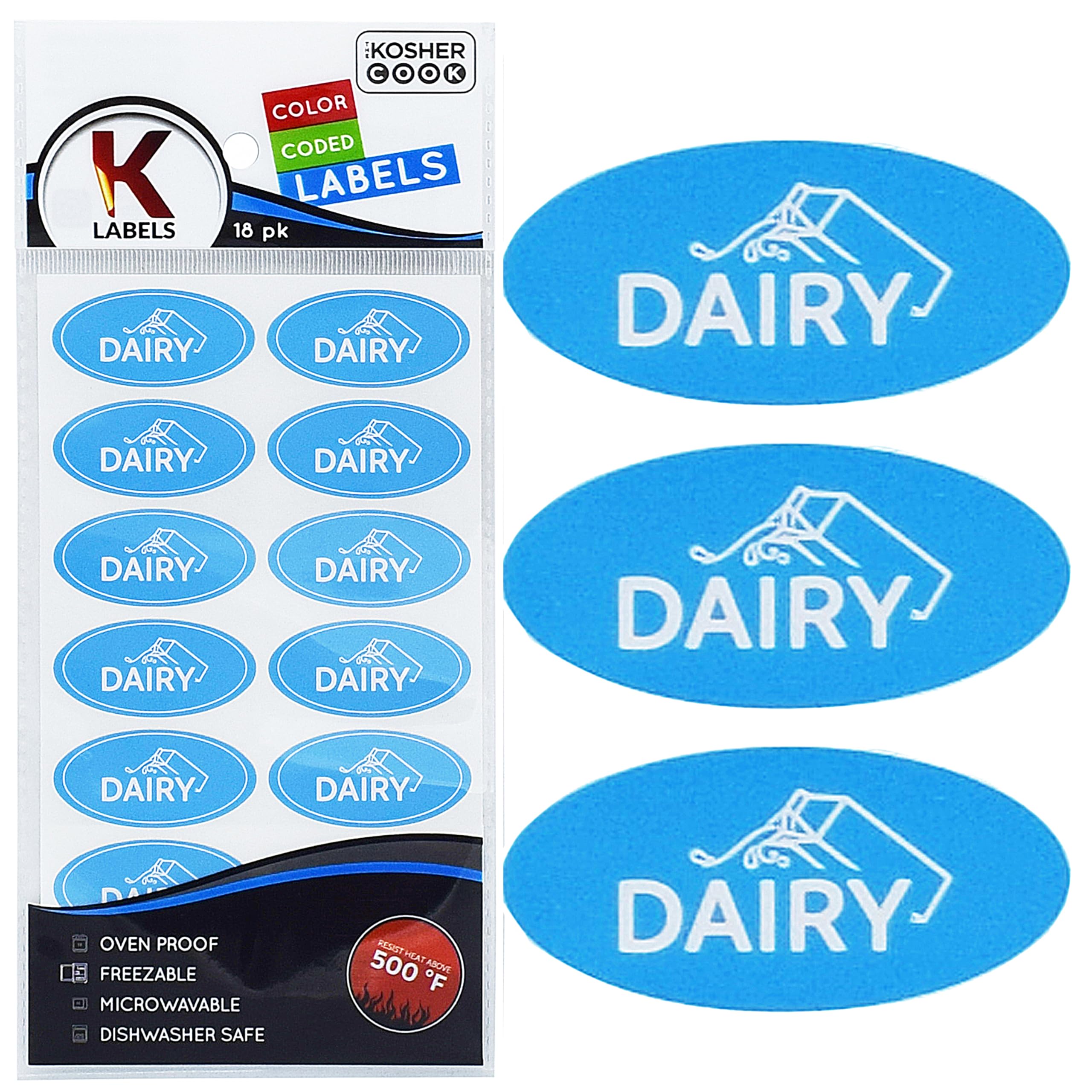 The Kosher Cook Blue Dairy Labels - Oven Proof up to 500°, Freezable, Microwavable, Dishwasher Safe, English - Color Coded Kitchen Stickers (Pack of