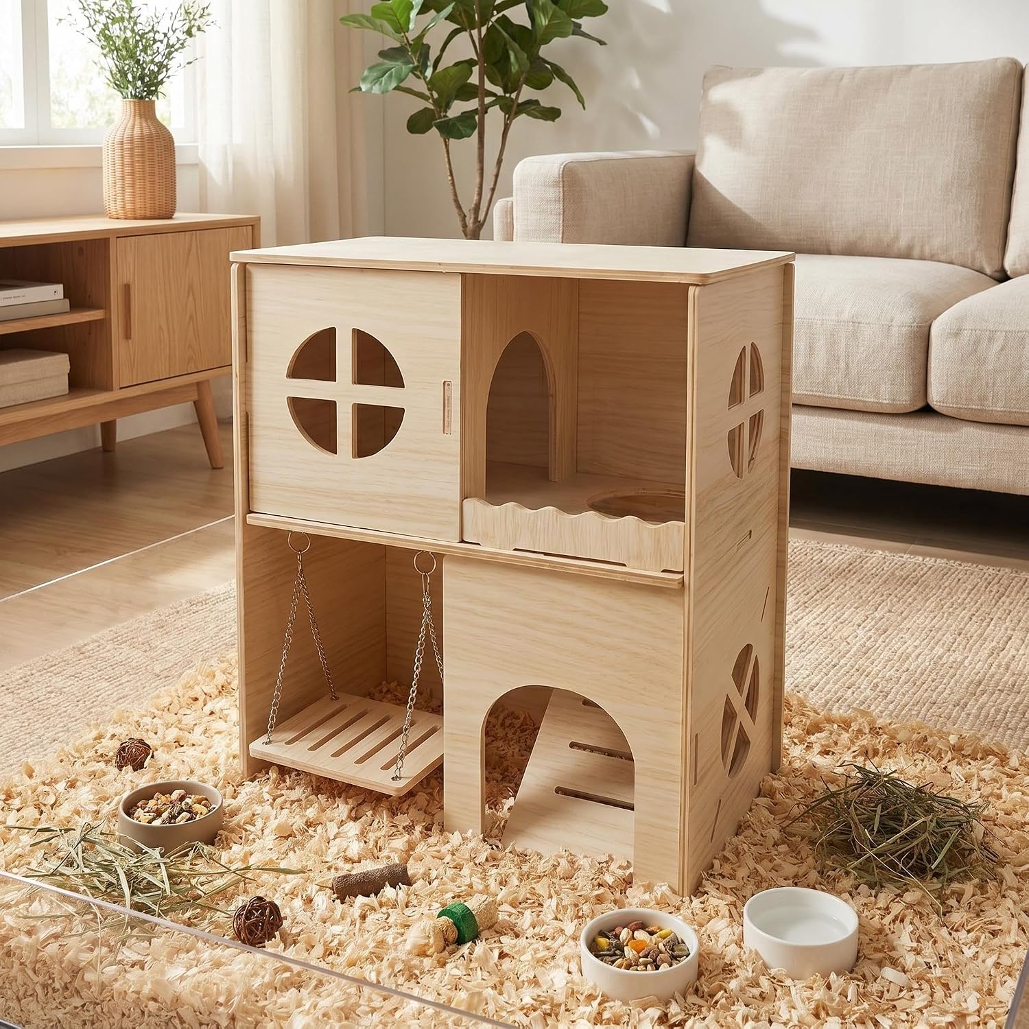 Wooden Hamster Hideout & Cage Accessories - Multi-Chamber Habitat with Swing, Ladder, House and Playground for Climbing - Enrichment Toys for Dwarf Hamster, Gerbil, Mouse, and Small Rodents