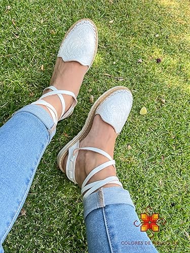 Miniatura 6 de COLORES DE MEXICO MX - Mexican Leather Shoes with Long Crossed Roman Straps for Women - Model 440 (6, White)