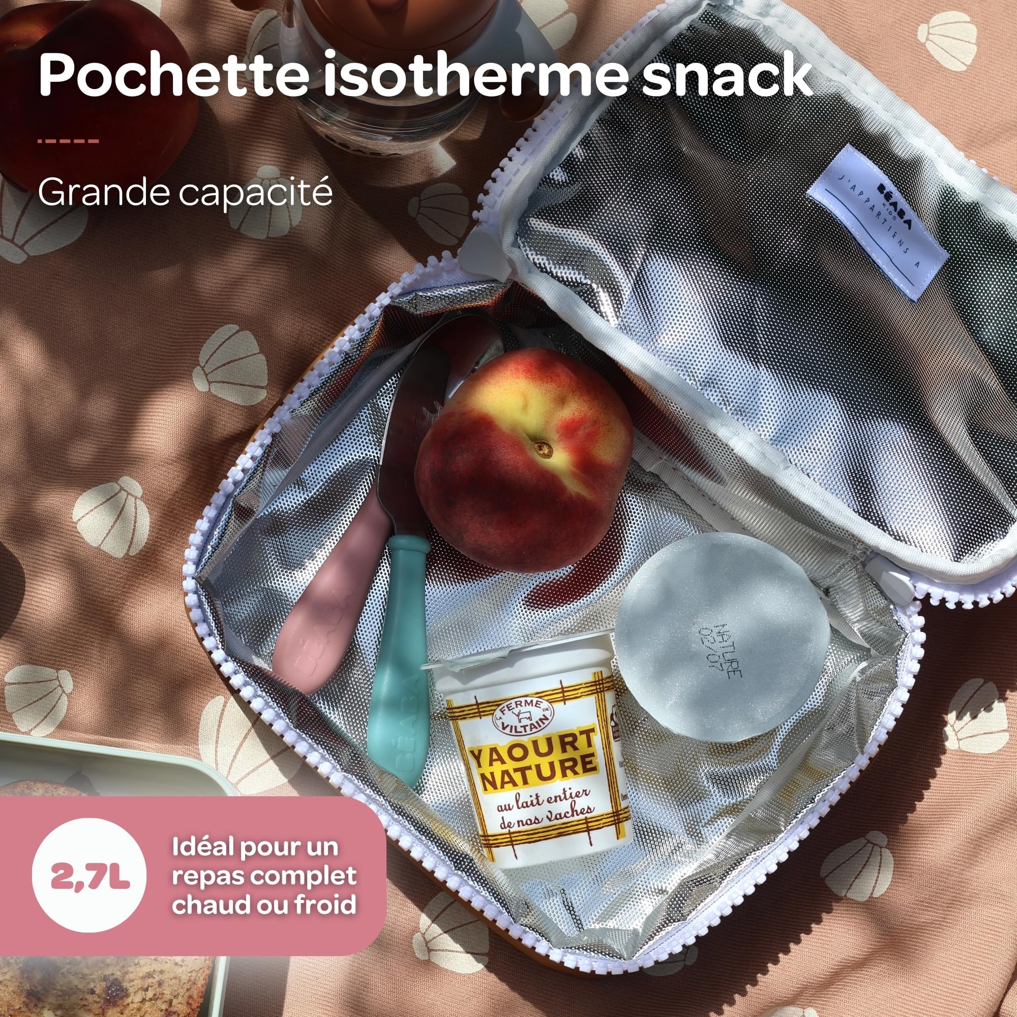 BEABA, Sac isotherme repas, Lunch box, Boite à Gouter, Isotherme, Waterproof, Etiquette Nom, Capacité 2,7L, Grand Zip, Effet Gomme, Faro, Dusty Rose