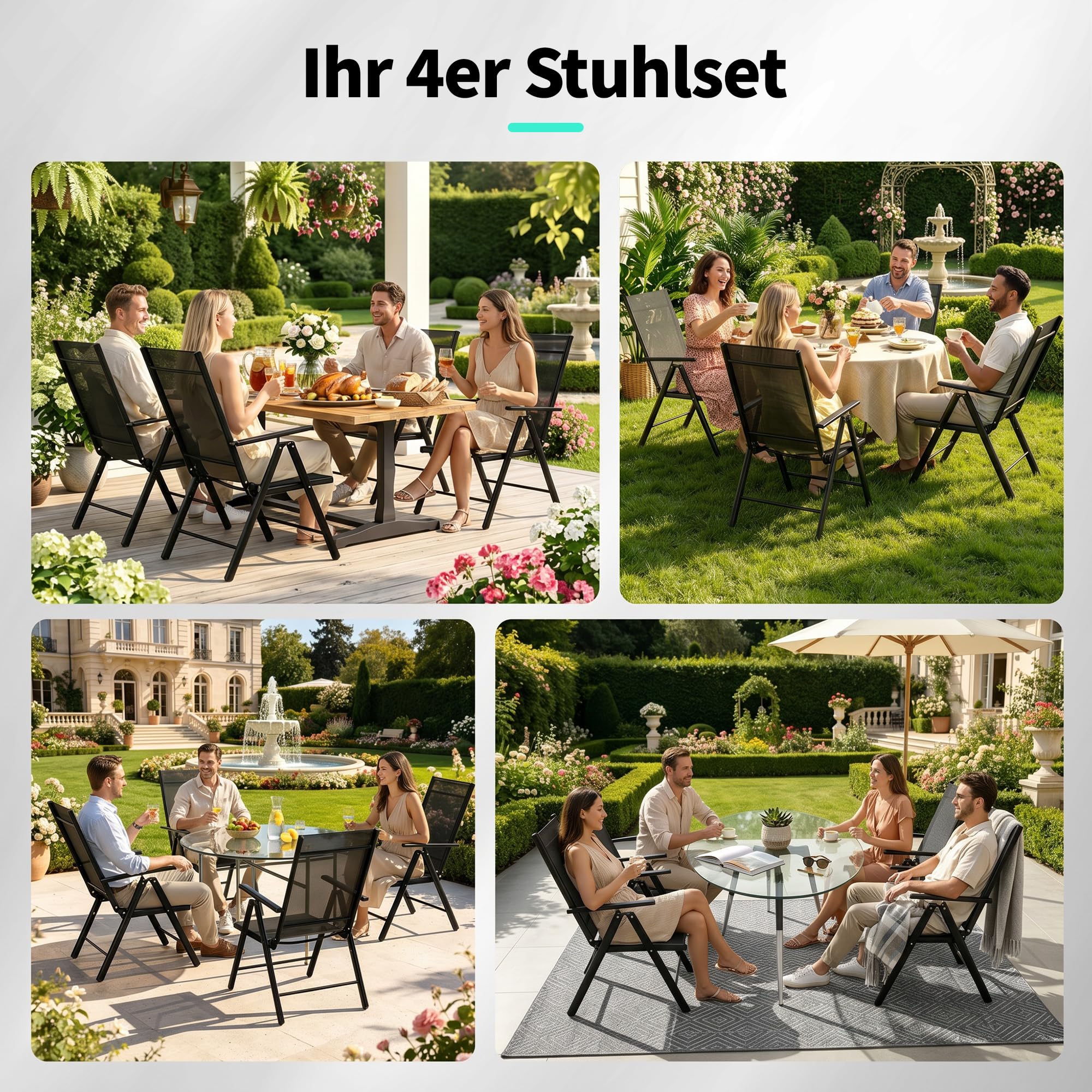 2026 Aufwertung 4er Set Klappbare Hochlehner Gartenstühle, Regulierbarer 7 Winkel Wetterfeste Terrassenstühle mit Atmungsaktives Textilene & Stahlgestell für Garten, Balkon, Terrasse, Poolbereich