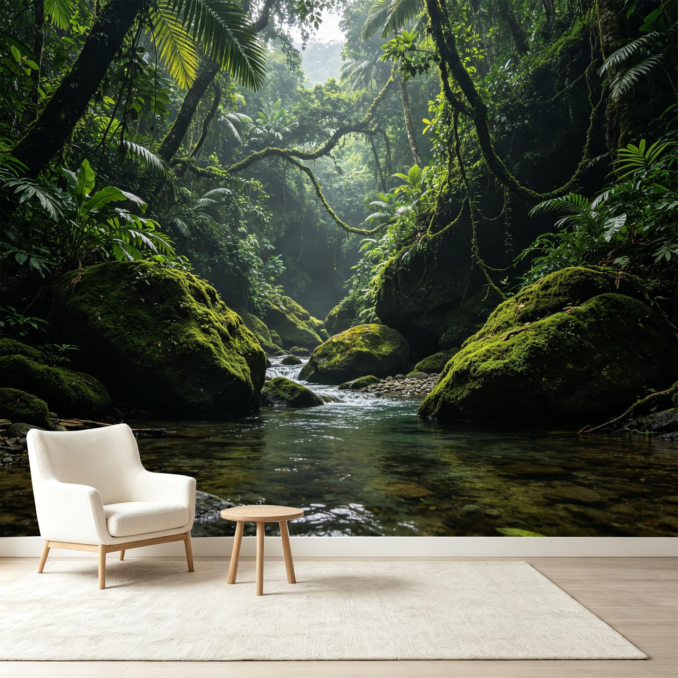 Custom Size Wall Murals Tropical Jungle Botanical Rainforest Waterfall River Rocks Self-Adhesive Wall Fabric Removable Wallpaper Wall Decor for Living Room Bedroom Bathroom