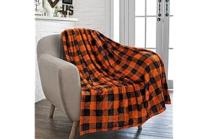 PAVILIA Black and Orange Buffalo Plaid Fleece Throw Blanket for Couch
