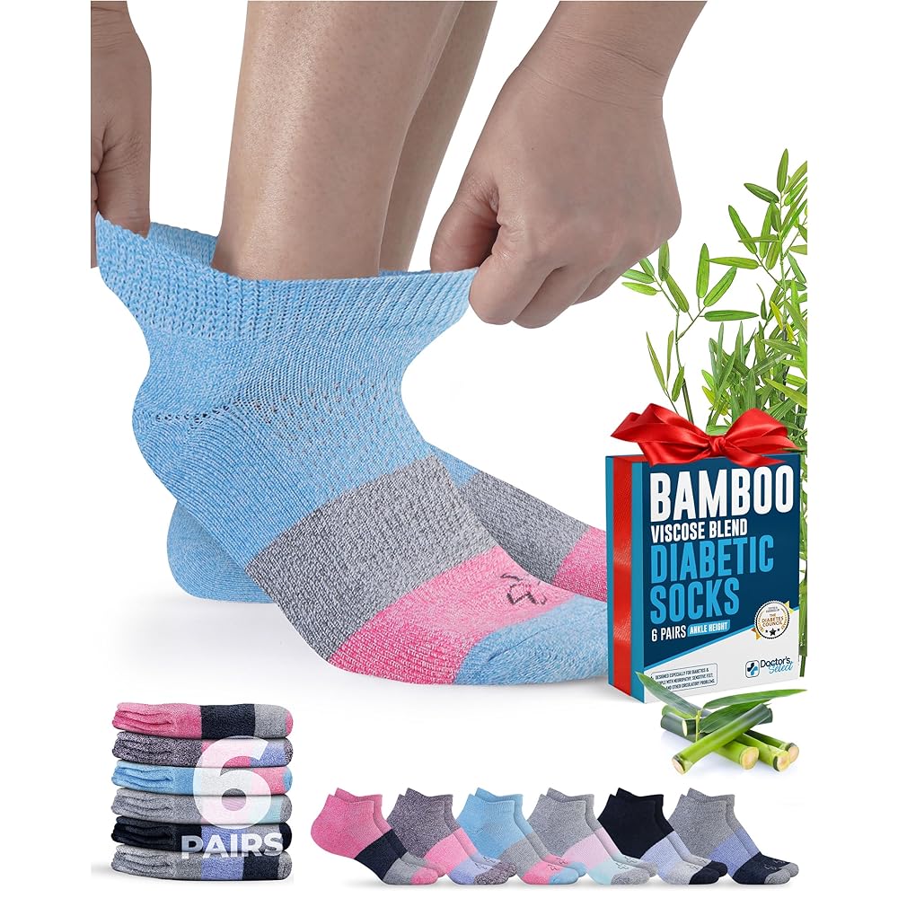 Doctor\'s Select Viscose Bamboo Ankle Diabetic Socks for Women and Men - 6 Pairs | Super Soft, Non Binding, Loose Wide Top Color Block