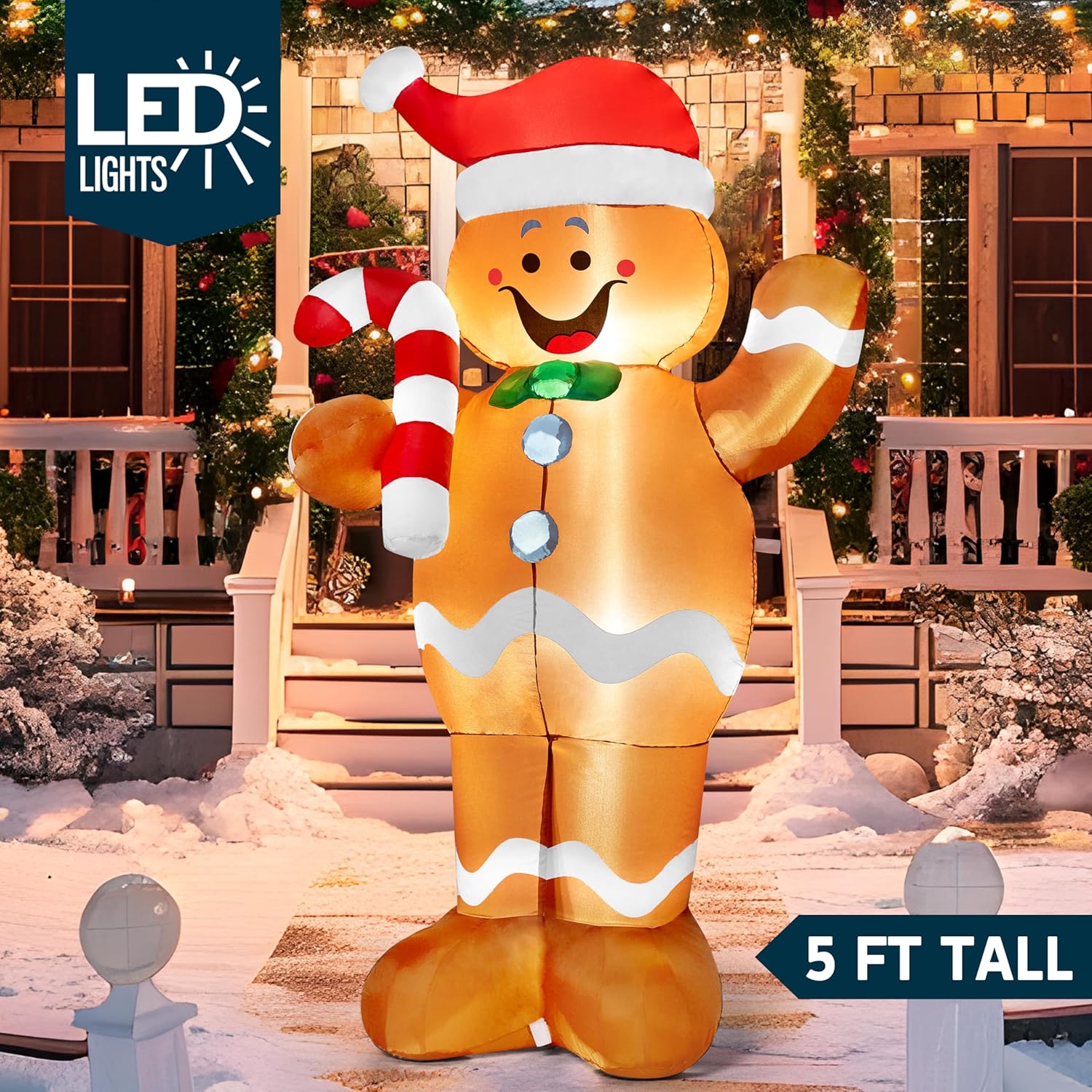 Joiedomi 5 FT Tall Christmas Inflatable Outdoor Decorations, Christmas Blow Ups Gingerbread Man Yard Decorations with Candy Canes, Cute Xmas Outdoor Gingerbread Inflatables for Xmas Lawn Garden Decor - Image 2