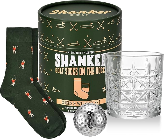  Shanker Golf - Golf Socks on The Rocks - Socks, Whiskey Glass & Golf Ball Ice Stone Set - Golf Gift Set for Men - Size 8-13 