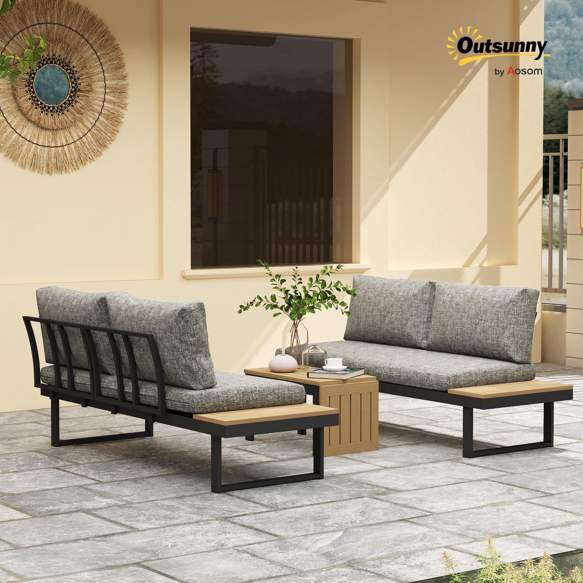 Outsunny Conjunto de Jardín Exterior de 3 Piezas Gris Claro | Sofá Exterior Seccional Resistente con Estructura de Aluminio, 2 Sofás de 2 Plazas, Mesa de Centro Versátil, Cojines