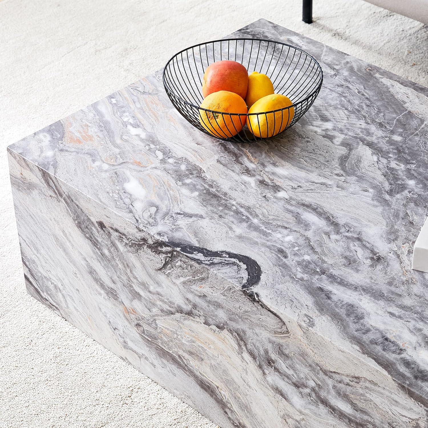 39.3" Rectangular Coffee Table, Modern Grey Marble Coffee Tables for Living Room, Faux Marble Wooden Center Table Accent Cocktail Tea Tables for Apartment Home Office, No Assembly
