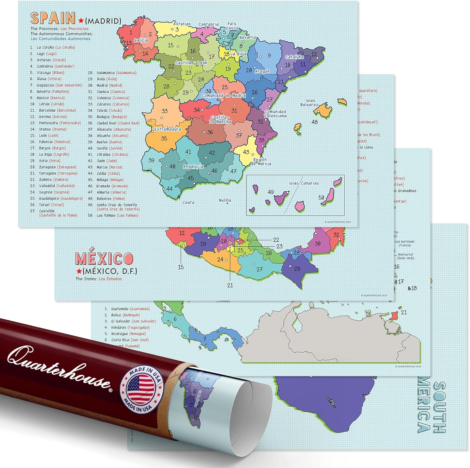 Quarterhouse 4 Poster Spanish Language Country Maps Set, Spanish Classroom Learning Materials for K-12 Students and Teachers, 12 x 18 Inches, Made in USA